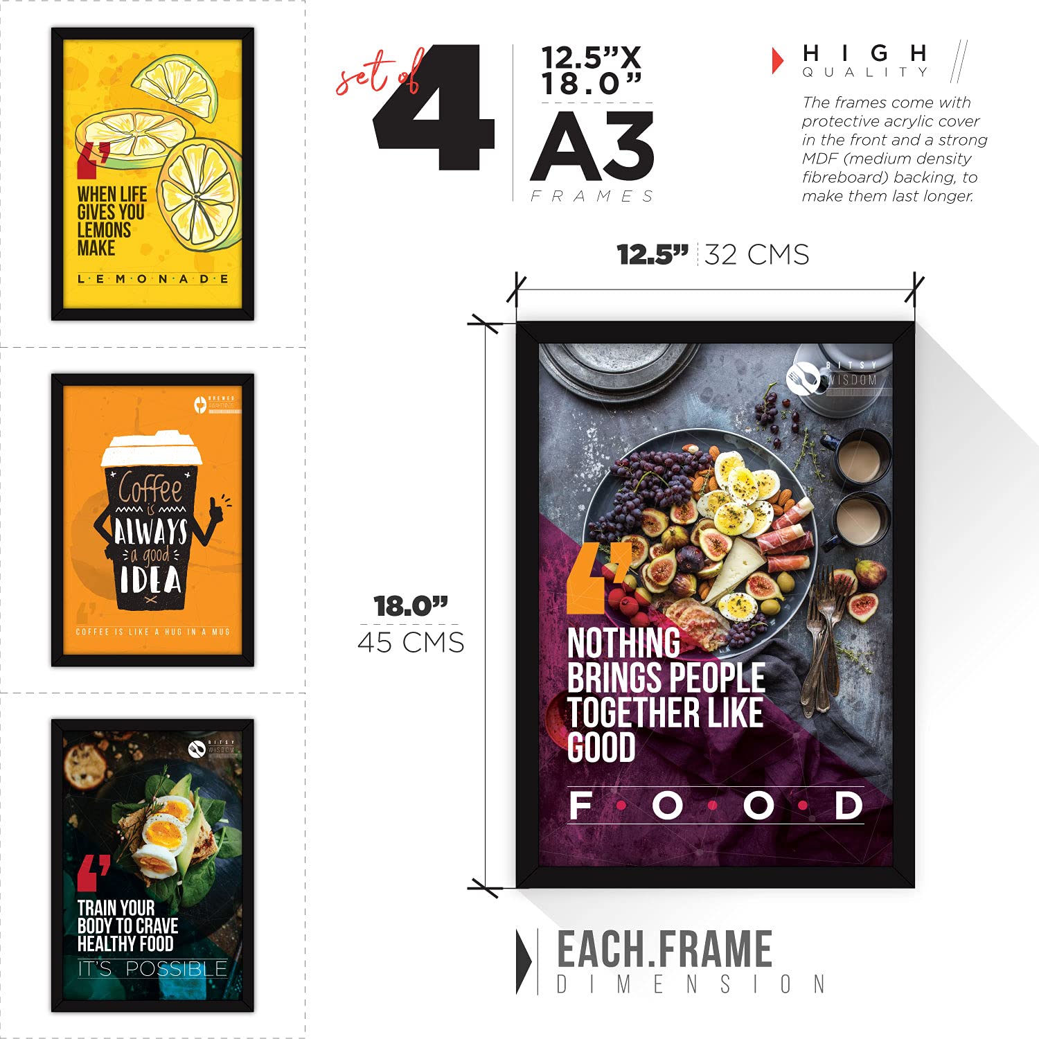 FATMUG Glass Food Quote Posters Framed Wall Paintings (Multicolour, Four A4 and Four A3 Frames) - Set of 8