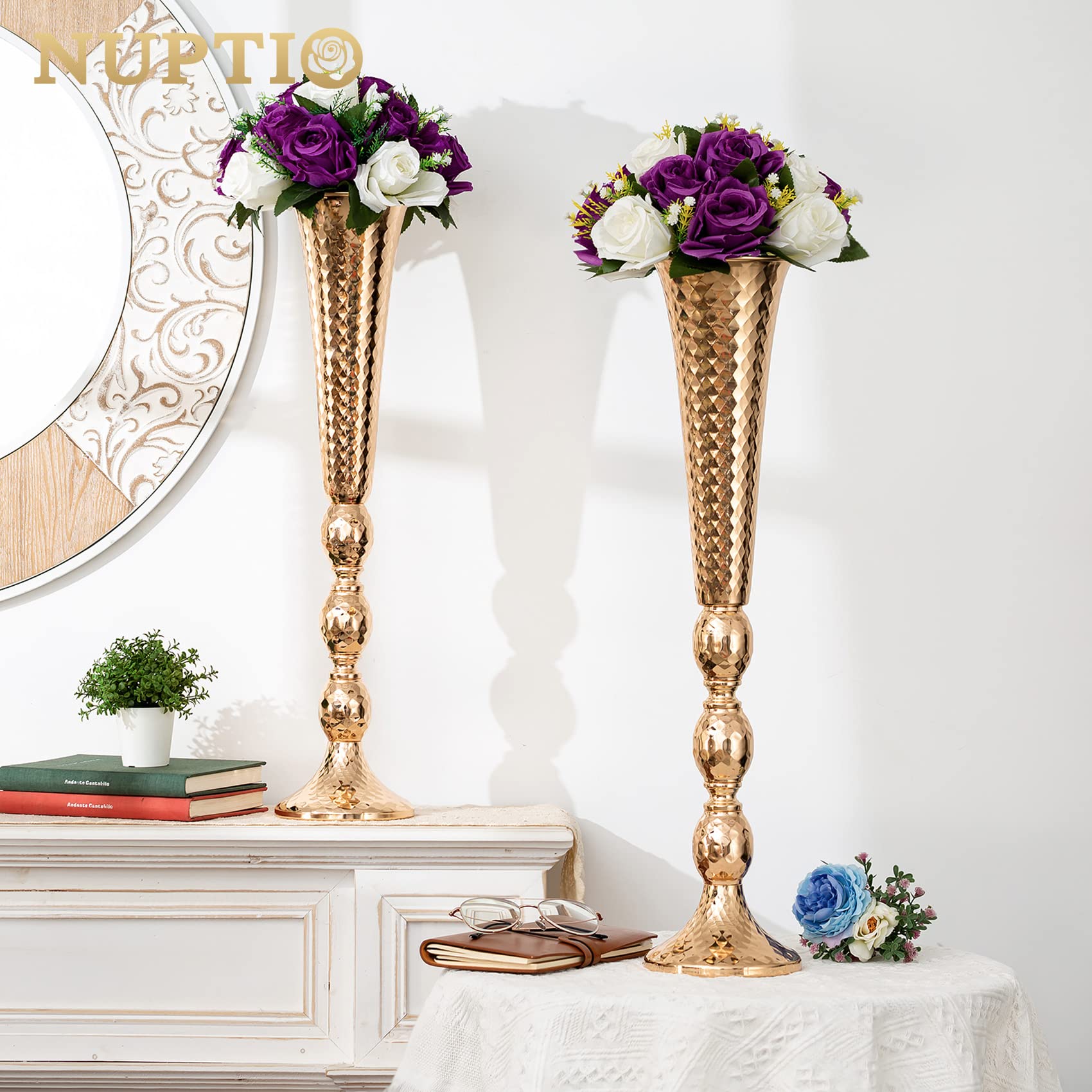 Nuptio 2 Piezas Centros Mesa para Mesa Boda, Jarrón Trompeta Metal 61cm Alto, Jarrones Flores para Eventos Centro Mesa Cena Fiesta, Camino Principal para Ceremonia Aniversario Decoración del Hogar