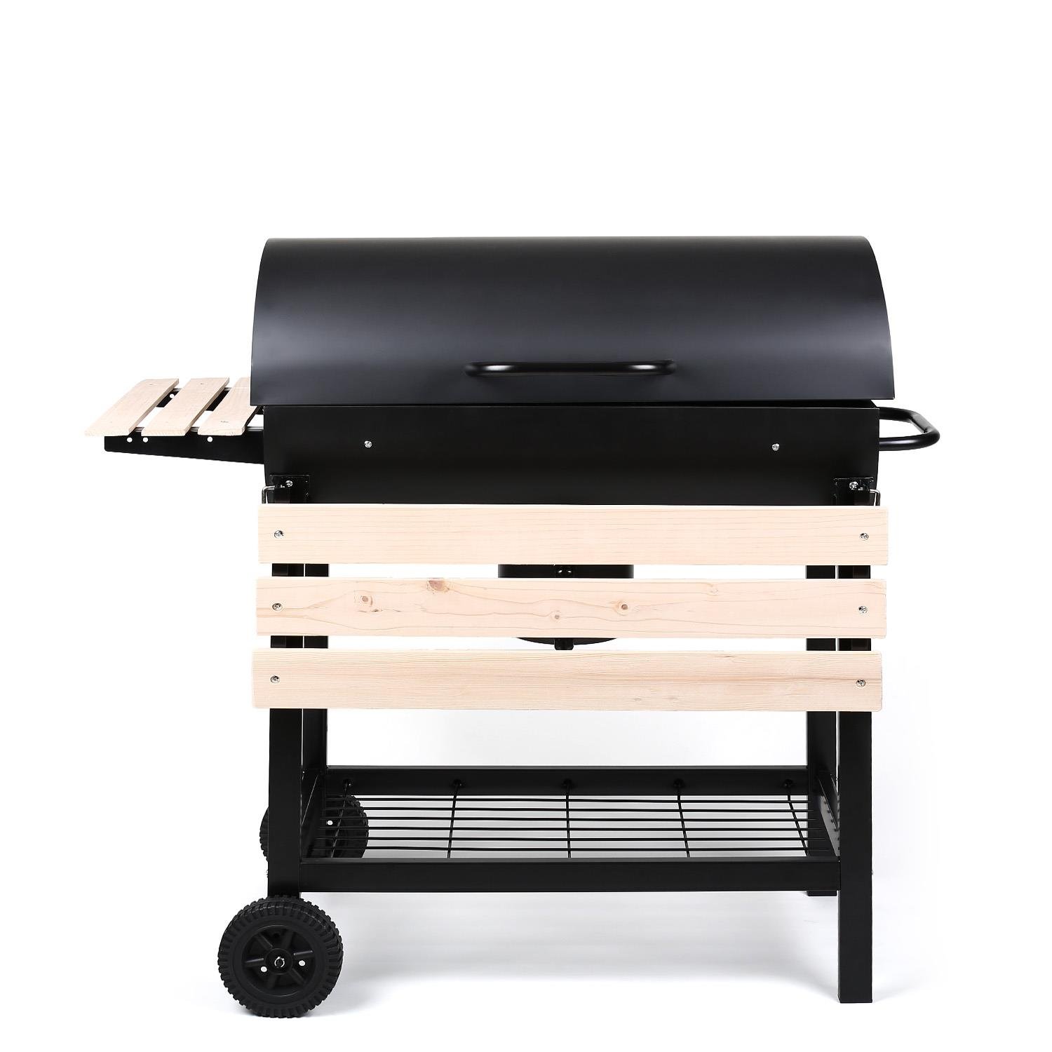 oneConcept Beefbutler - griglia a Carbone, griglia da Giardino, griglia Diretta e indiretta, 2 Ripiani in Legno, 4 Aperture di Ventilazione, Contenitore Rimovibile, Ruote per Trolley, Nero