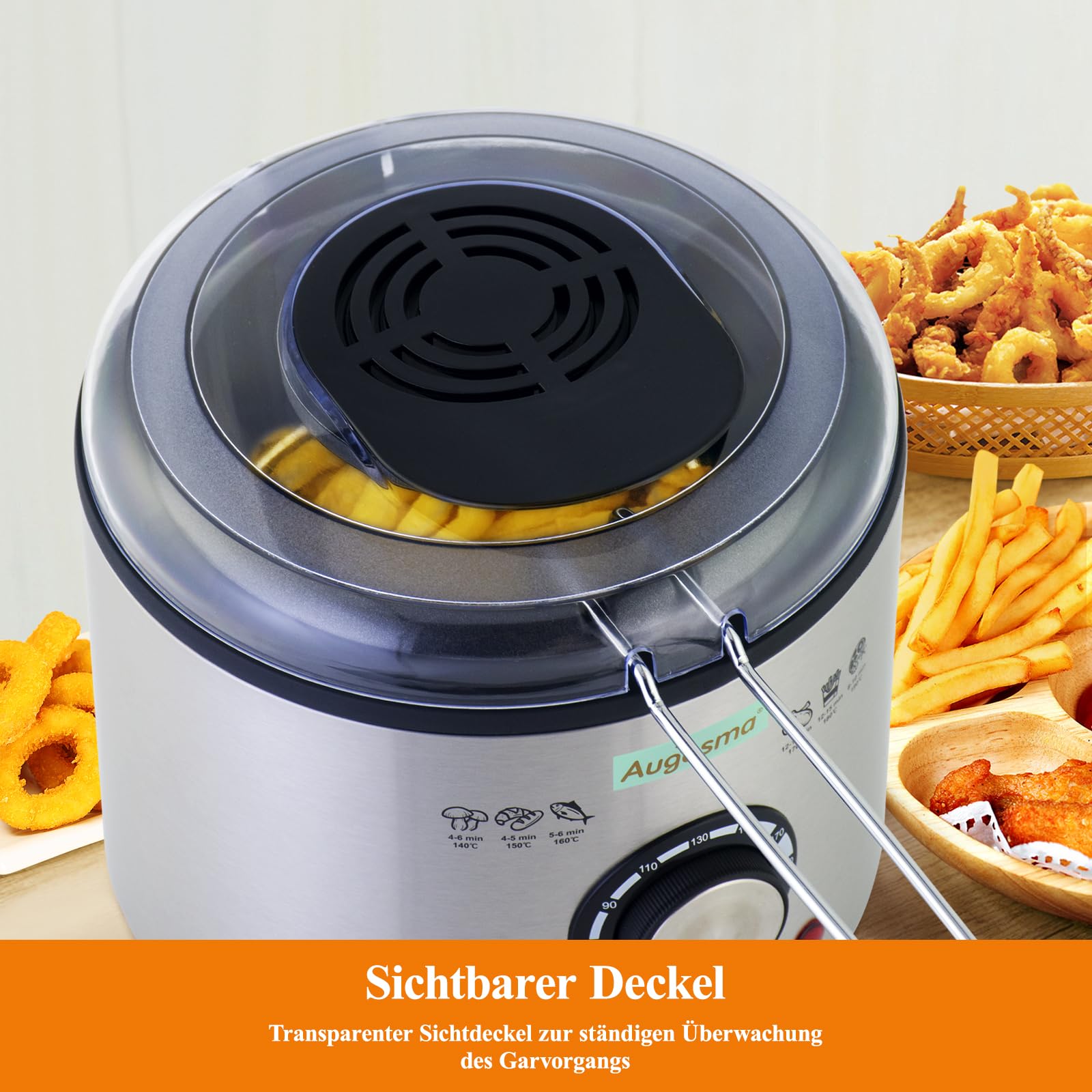 Mini friteuse à huile | 850-950 W l Capacité : 1 l l Fenêtre de visualisation l Panier à friture en acier inoxydable l Température réglable l Isolation thermique l Revêtement en caoutchouc