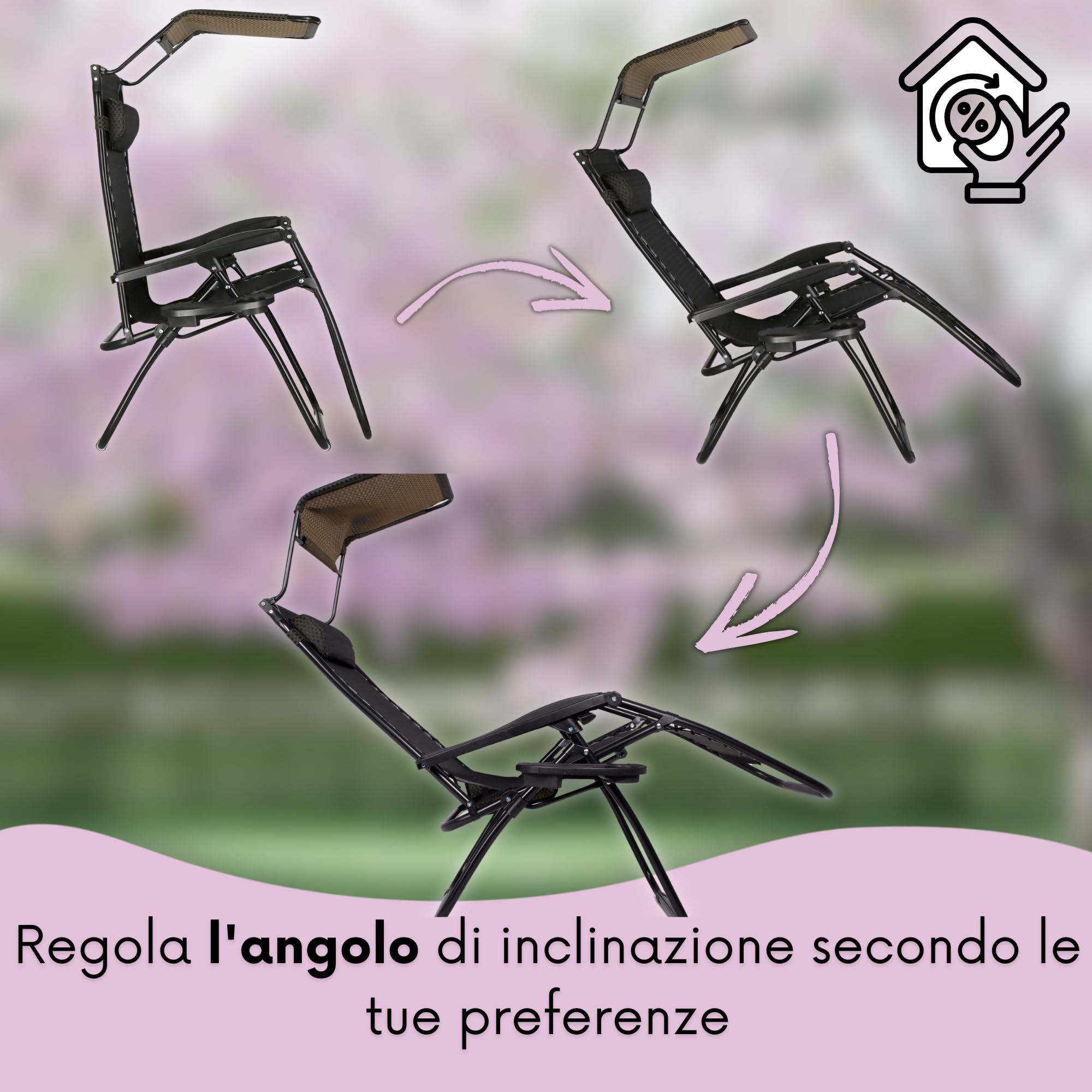 SPRINGOS Sedia a sdraio da giardino pieghevole con poggiapiedi & tettuccio parasole, braccioli, tasca laterale & tavolino, reclinabile 110x67x175 cm, carico max 120 kg, beige-marrone