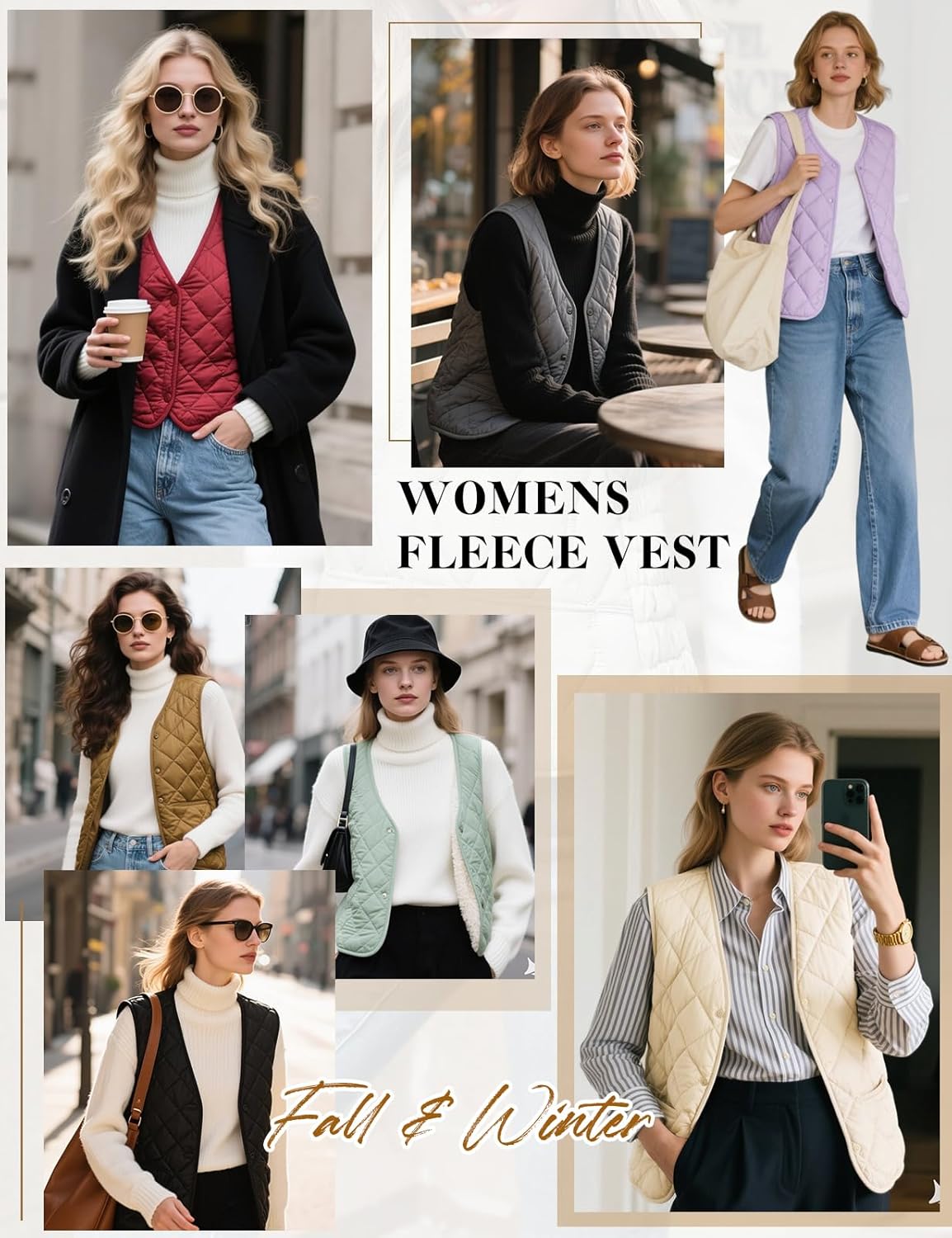 Women's Quilted Vest V Neck Fleece Puffer Vest Slim Fit Button Down Padded Gilet Sleeveless Outerwear Coat - Image 7