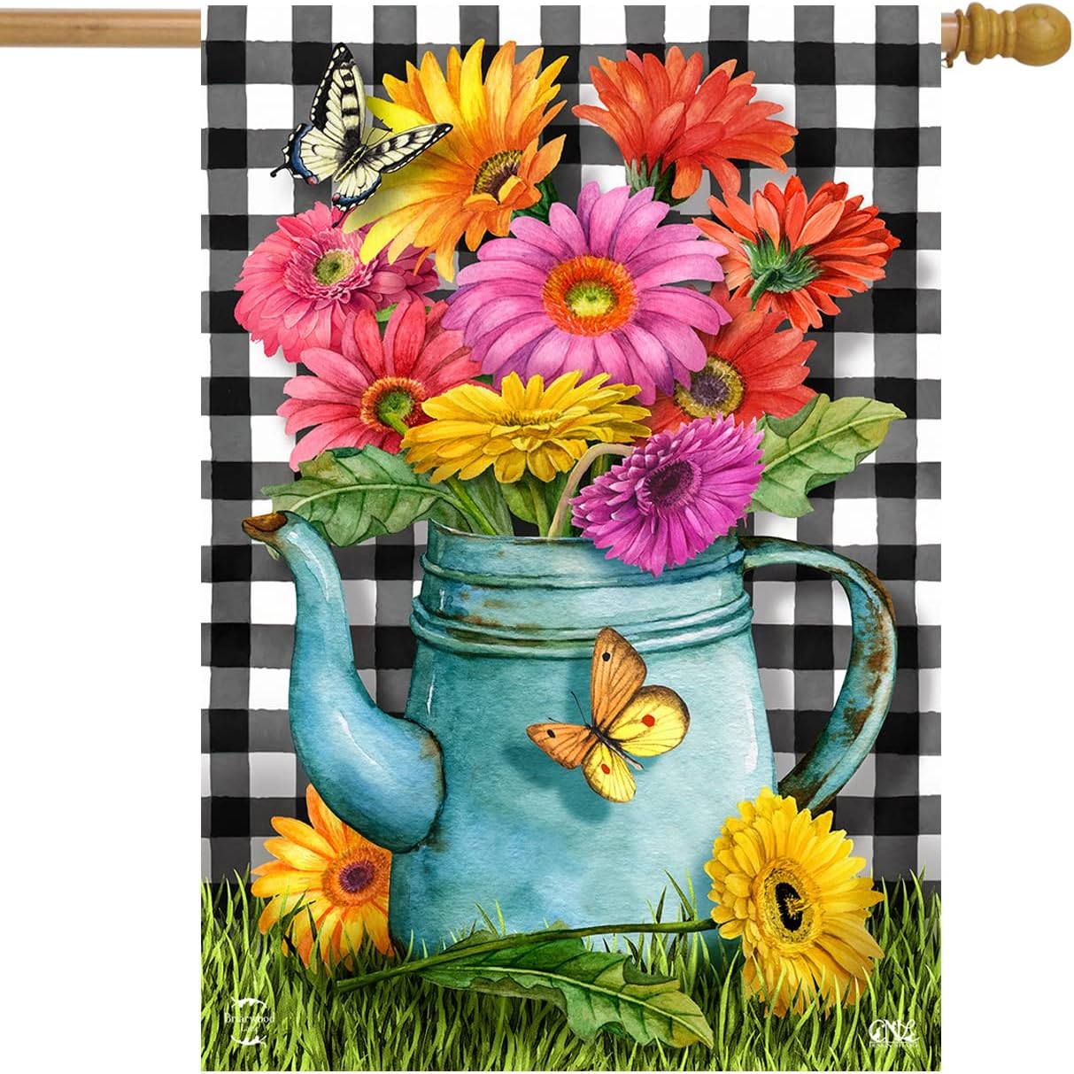 Briarwood Lane Gerber Daisy Watering Can Spring House Flag Checkered 28 x 40