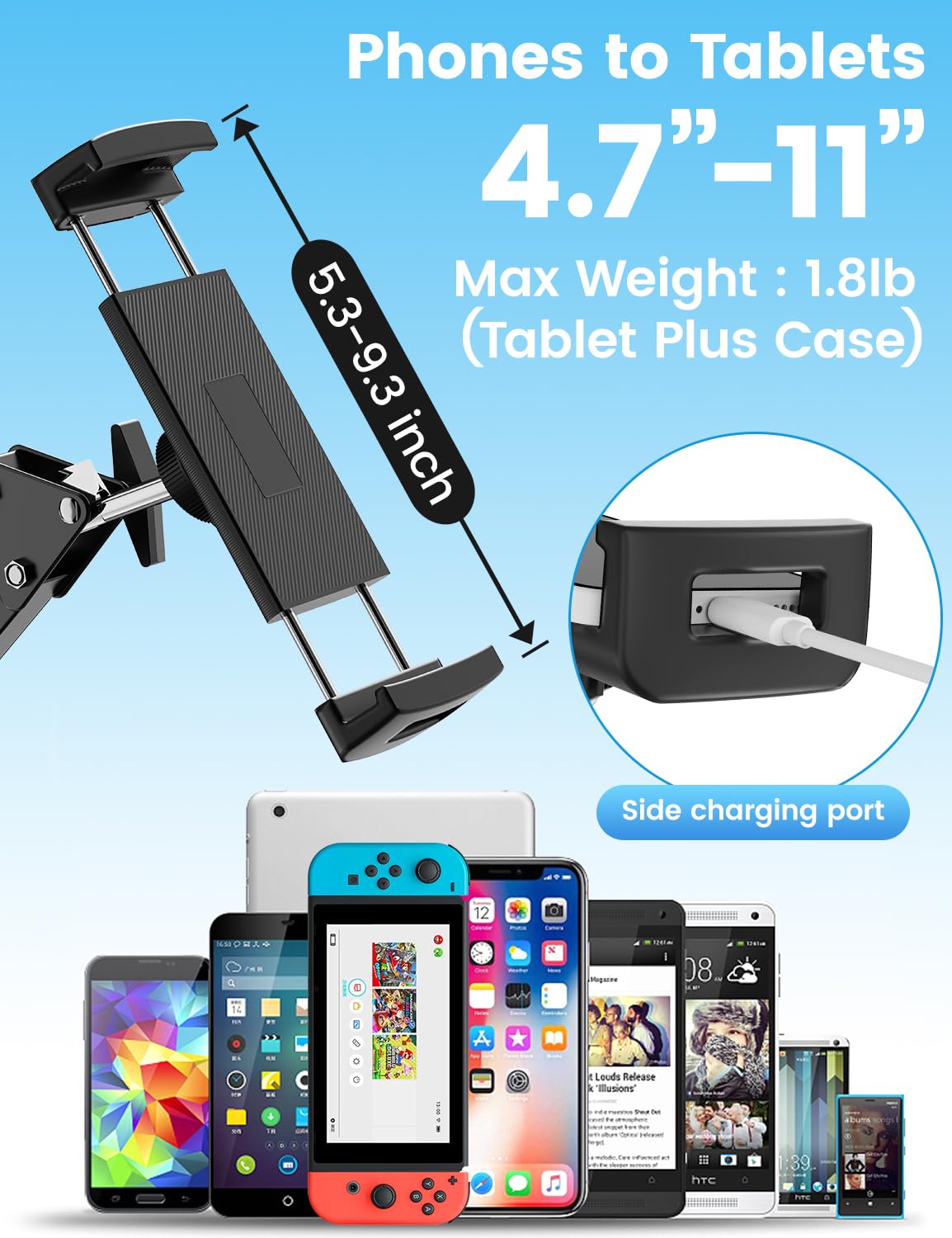 Tablet-Bodenständer mit 1,9 kg Basis, Überkopfbett-Handyständer, winkelverstellbar, Tablet-Halterung, Bett, Handy-Ständer für iPad/iPhoneX/iPad Pro Air Mini, Samsung Tab, Kindle, E-Reader usw
