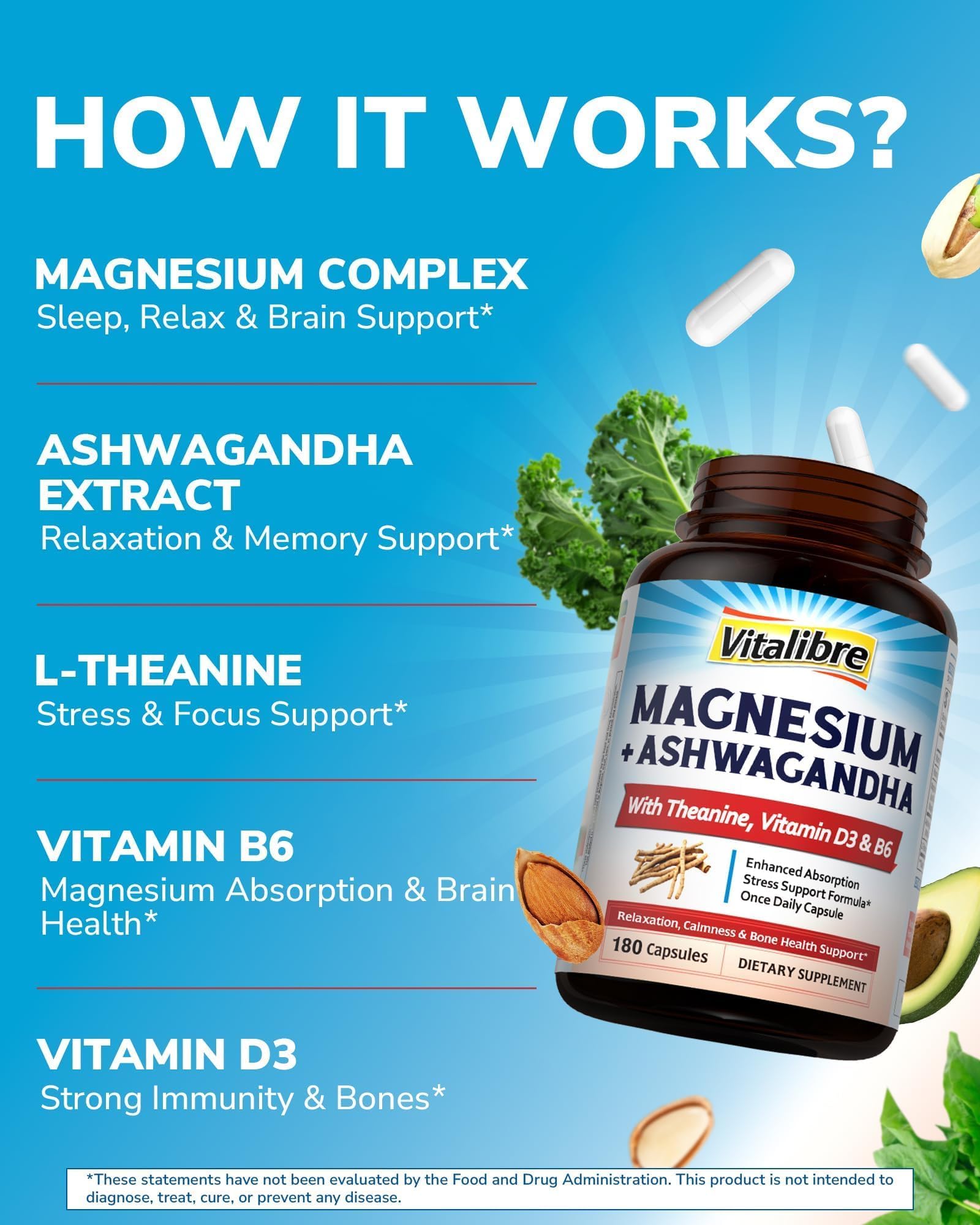 Vitalibre Magnesium Complex with Ashwagandha, L-Theanine & Vitamin D3, B6 — Amazon image 3