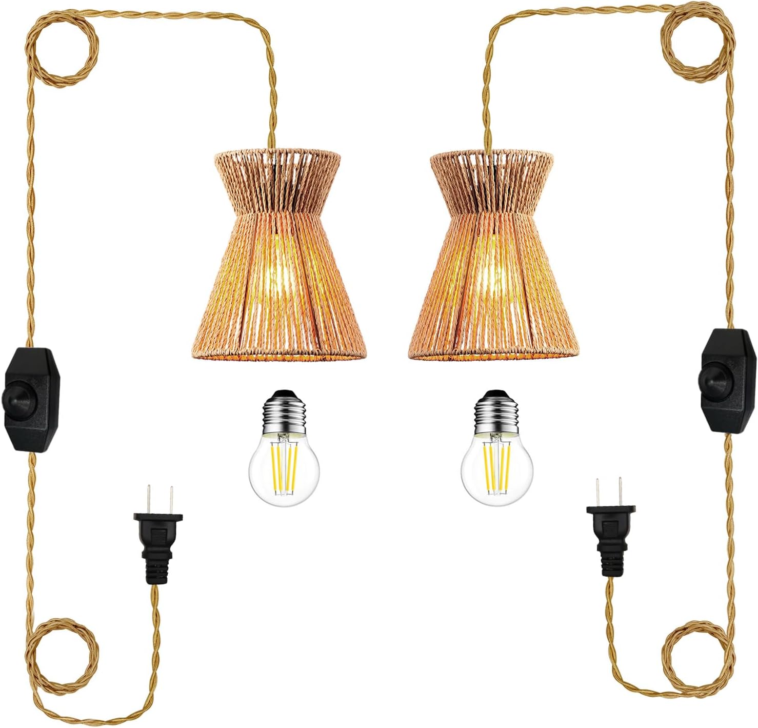 with Plug in Long Cord Boho Rattan dimmable Llights, Farmhouse Vintage Pendant Wicker Woven Adjustable Set of 2 for Small Lamp -2 Pcs Small Pretty Waist 7.01" H9.01