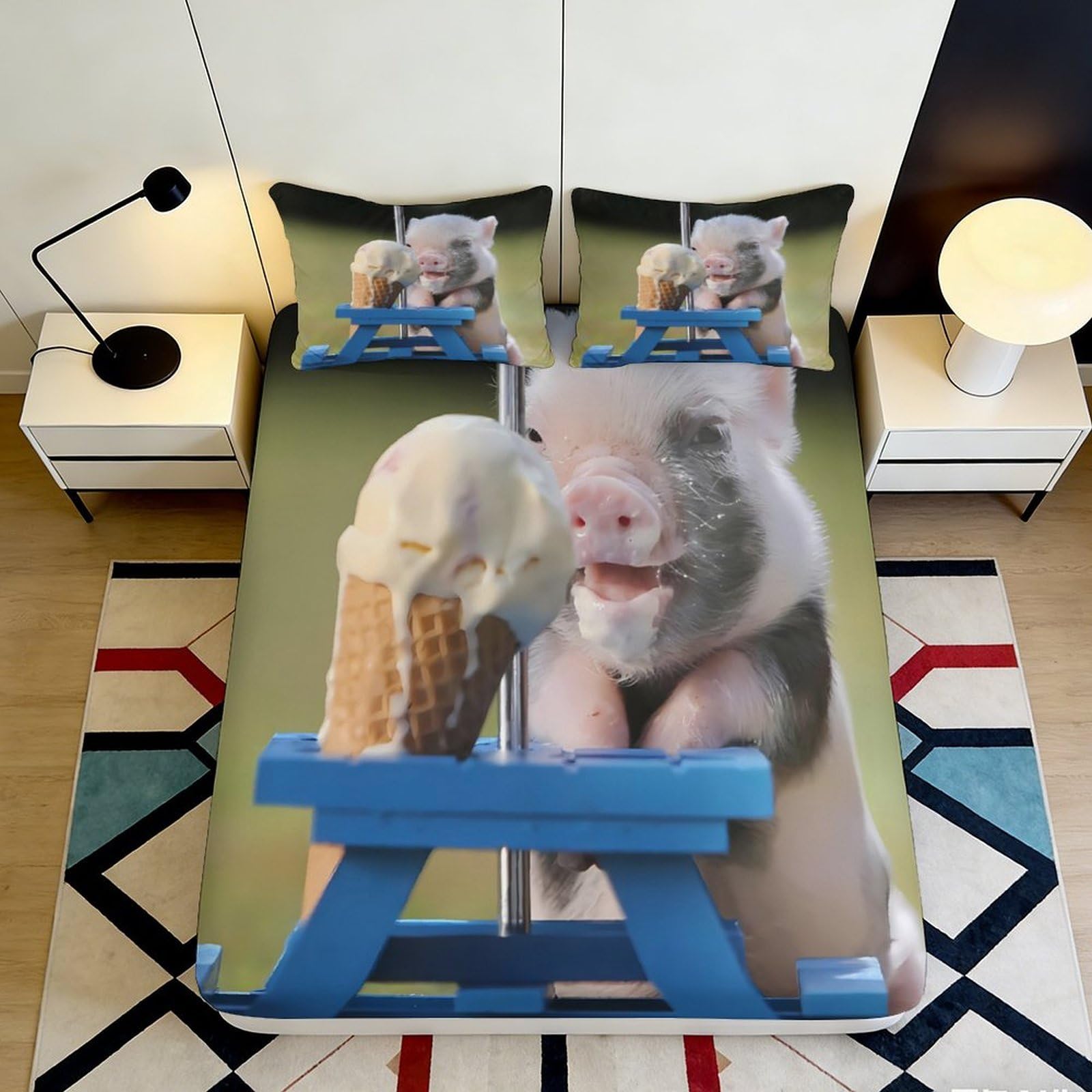 3D Printed Ice Cream Piggy Fitted Sheet Microfiber Soft Decorative Cartoon Bed Cover for Bedroom Guest Room Dorm 90x200x25cm