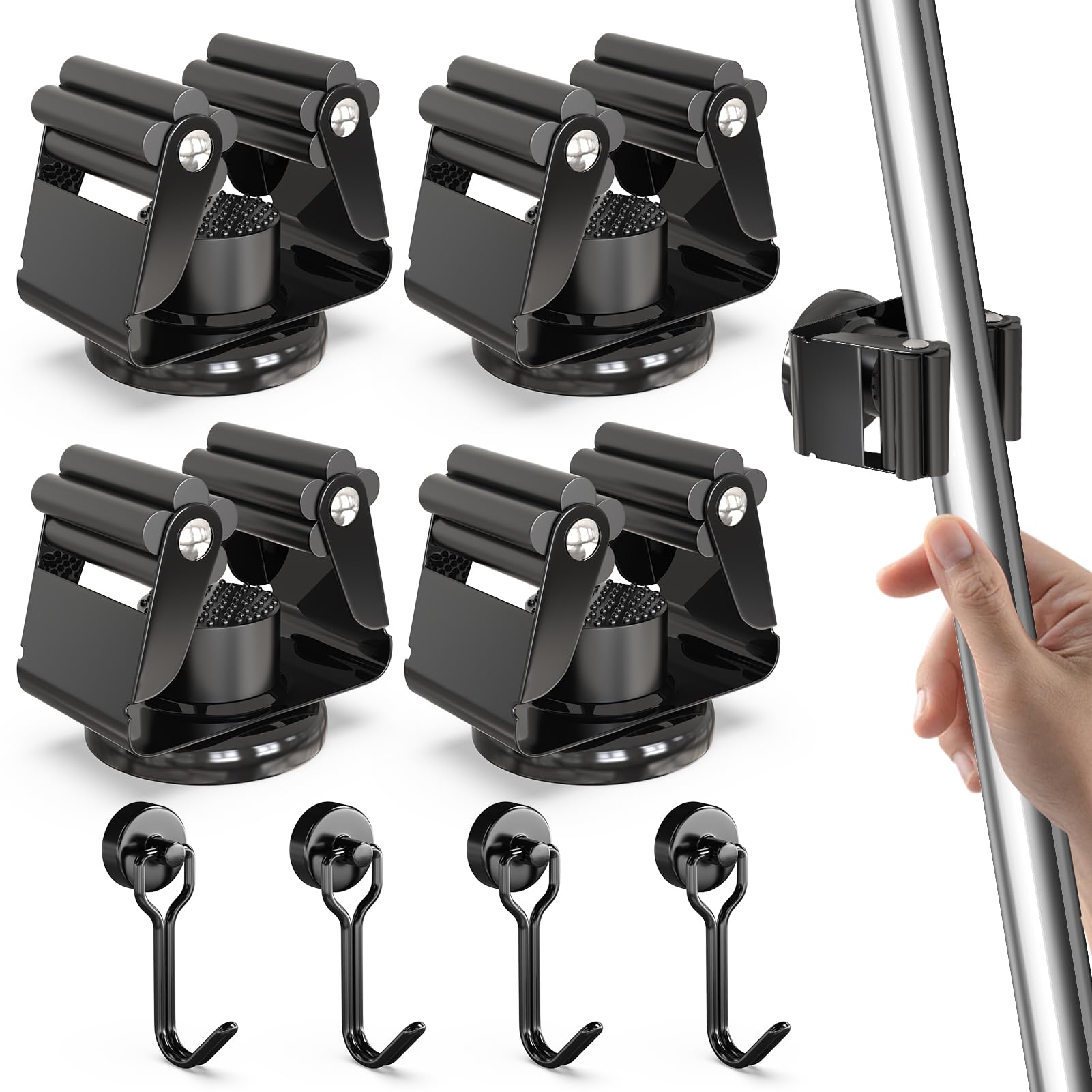 3-H 4 Stück Magnetischer Besenhalter, Edelstahl Gerätehalter Besenhalterung Wandaufhängung für Gartengeräte und Besen, mit 4 Magnetische Haken für Küche Badezimmer Garage Garten Zuhause, Schwarz
