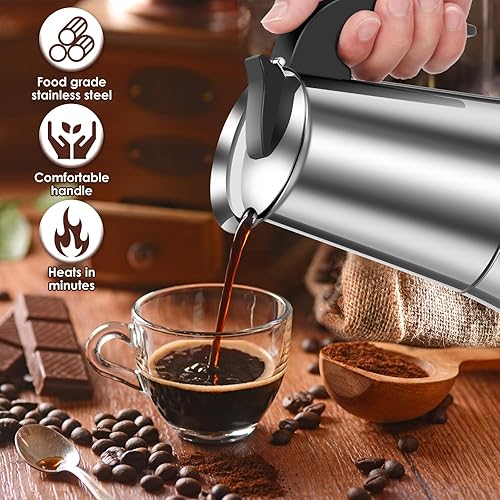 Miniatura 4 de Moka Pot Espresso, 9 tazas de café expreso, cafetera de acero inoxidable Moka Pot 15.2 fl oz15oz cafetera italiana para inducción, estufa (1)