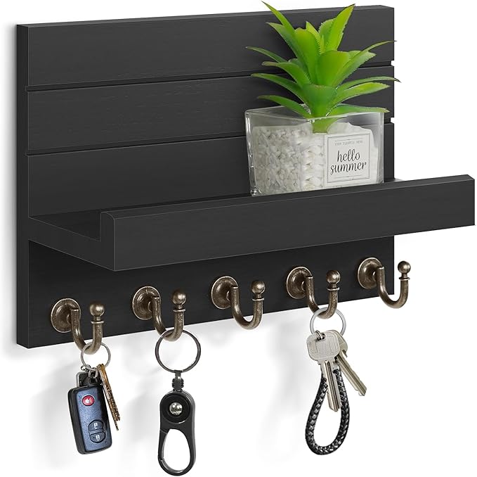 Key Holder for Wall: Easy Installation Mail Organizer Wall Mount Hanging Key Rack for Kitchen and Entryway Decor with 5 Sturdy Key Hooks (Black)