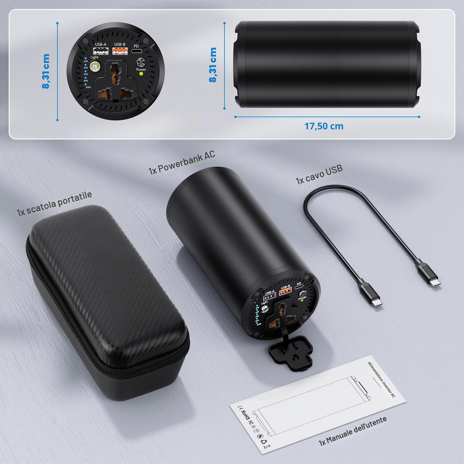 Power bank, 27000 mAh, batteria esterna cilindrica da 98 wh, con presa AC da 100 W, caricatore portatile con porta USB, caricatore da viaggio universale per laptop, MacBook Pro Gopro, tablet, telefono
