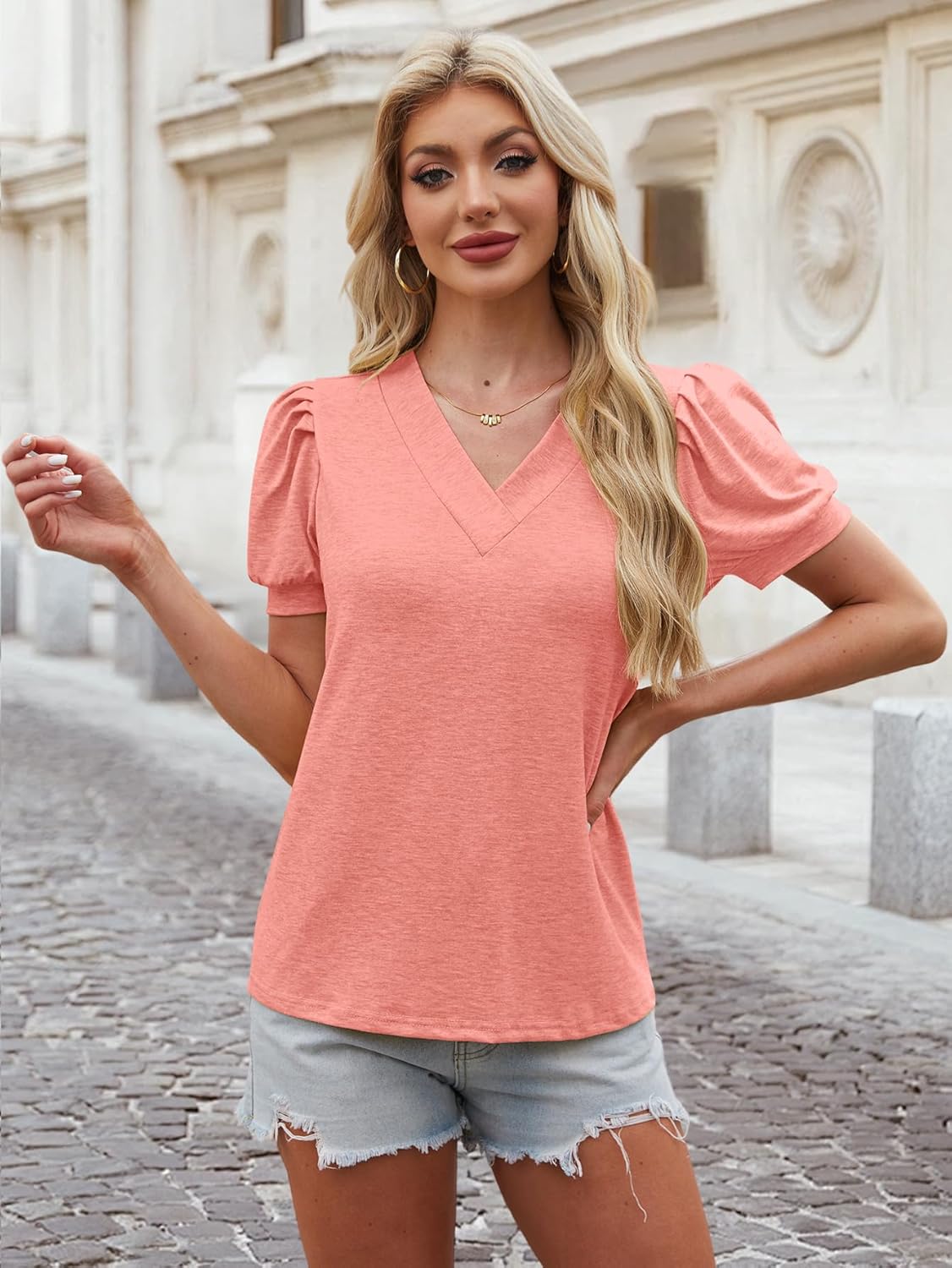 Tops for Women Trendy Sping Summer Outfits Cute True Classic V Neck T Shirts Loose Casual Short Sleeve Tees Tunic Fashion Beach Vacation Clothes 2026,Pink, L-OldPink, L-Old - Image 4