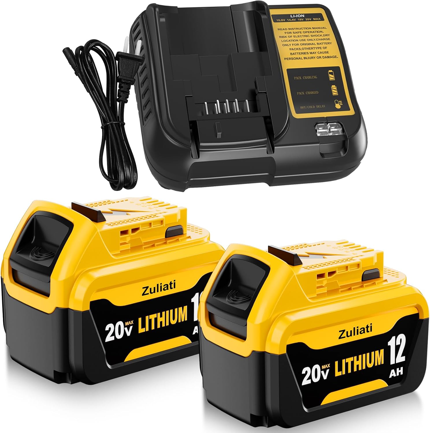 DCB206 12.0Ah Replacement for Dewalt 20V Battery and DCB107 Charger,DCB206-2 DCB203 DCB201 DCB204 Compatible with Dewalt 20 Volt Battery DCD985B Power Tools with LED Indicator(Yellow-12.0Amps-DCB107)