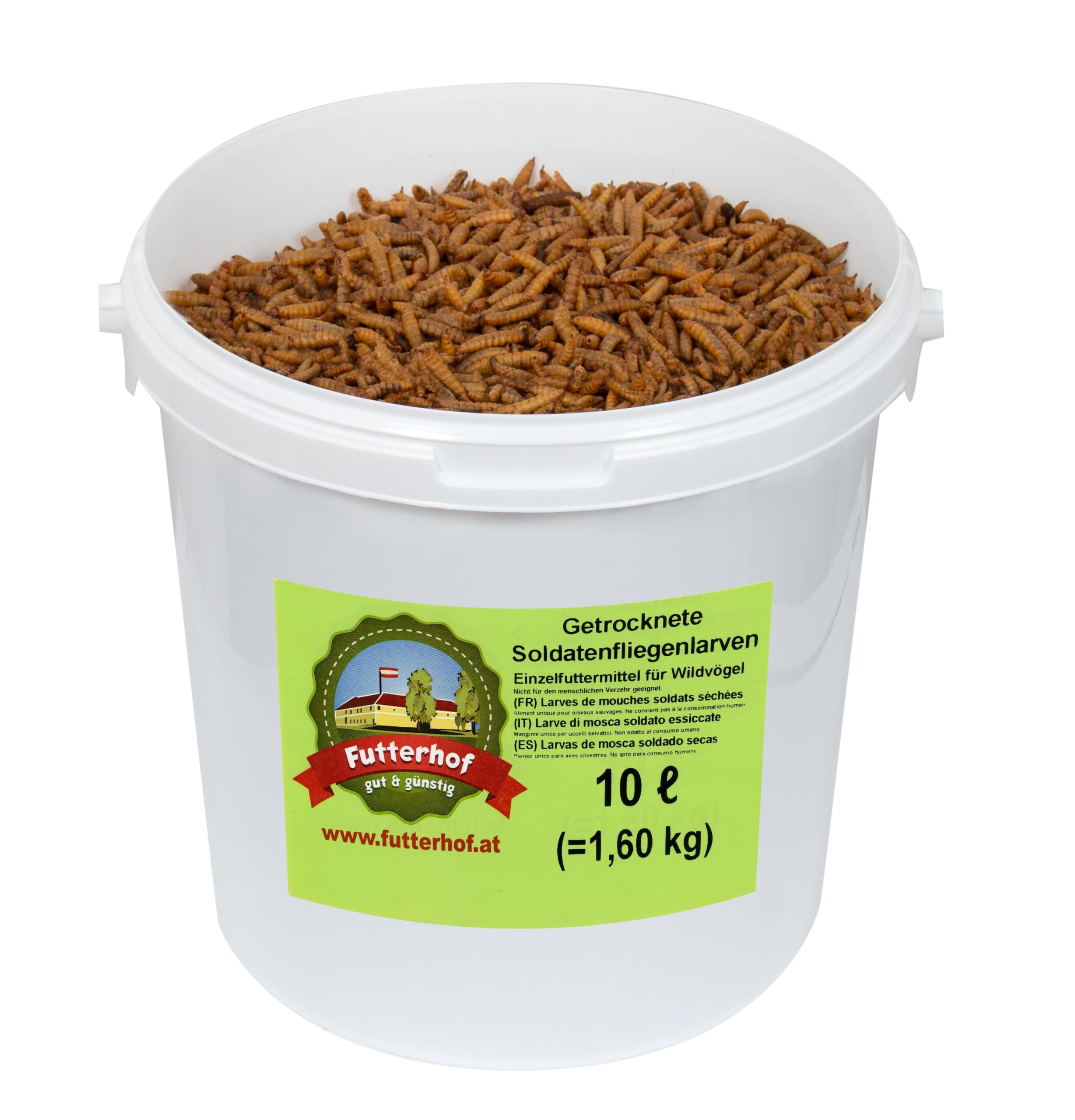 Soldatenfliegenlarven Hermetia | 10 L Eimer (1,60 kg) Premium Qualität | ähnlich wie getrocknete Mehlwürmer | reichhaltig an Proteinen, Vitaminen und Kalzium |