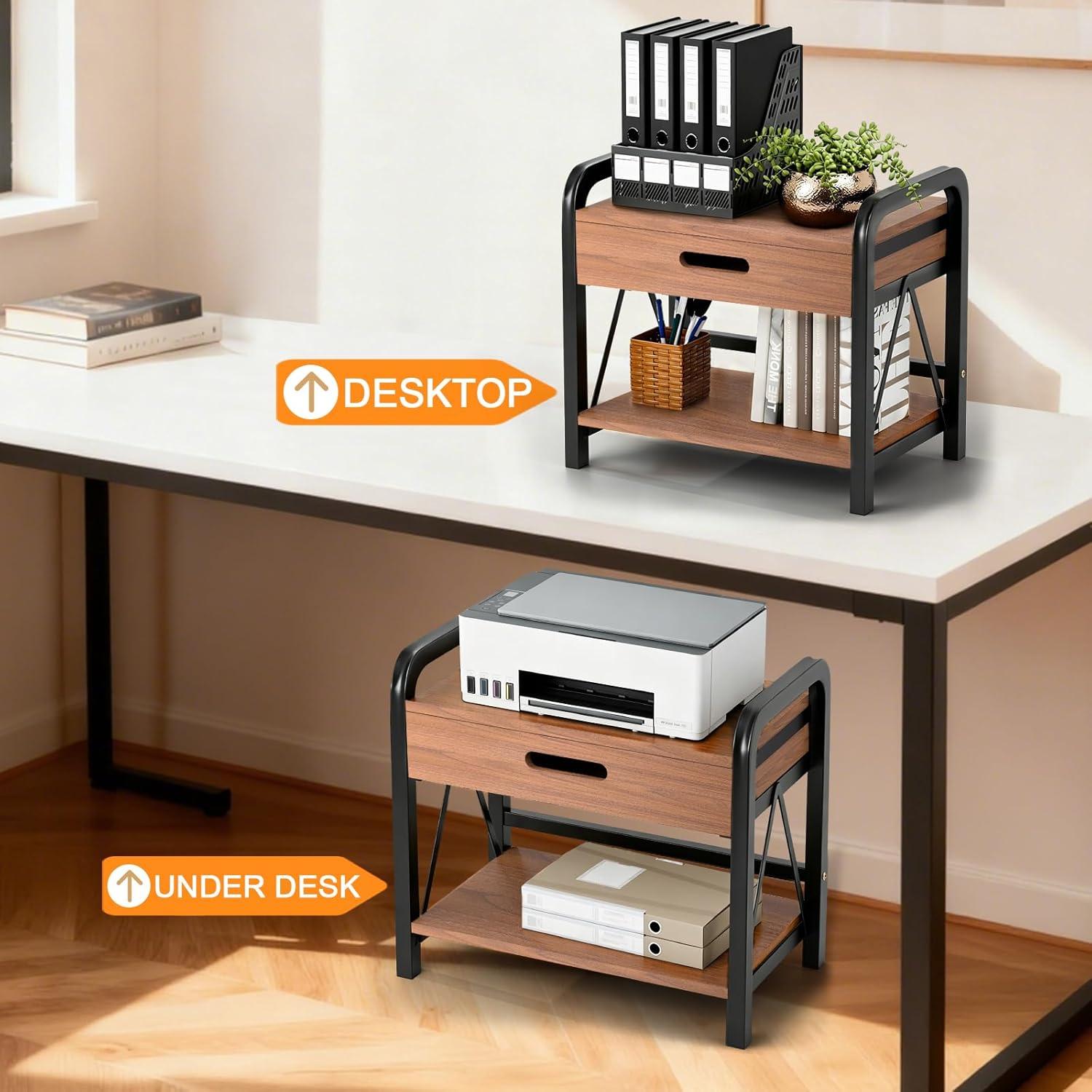 Printer Stand with Storage for Desk, 2 Tier Desktop Printer Table Shelf for Home Office with Wooden Storage Drawer, Multi-Purpose Desk Organizer for Fax Machine, Scanner