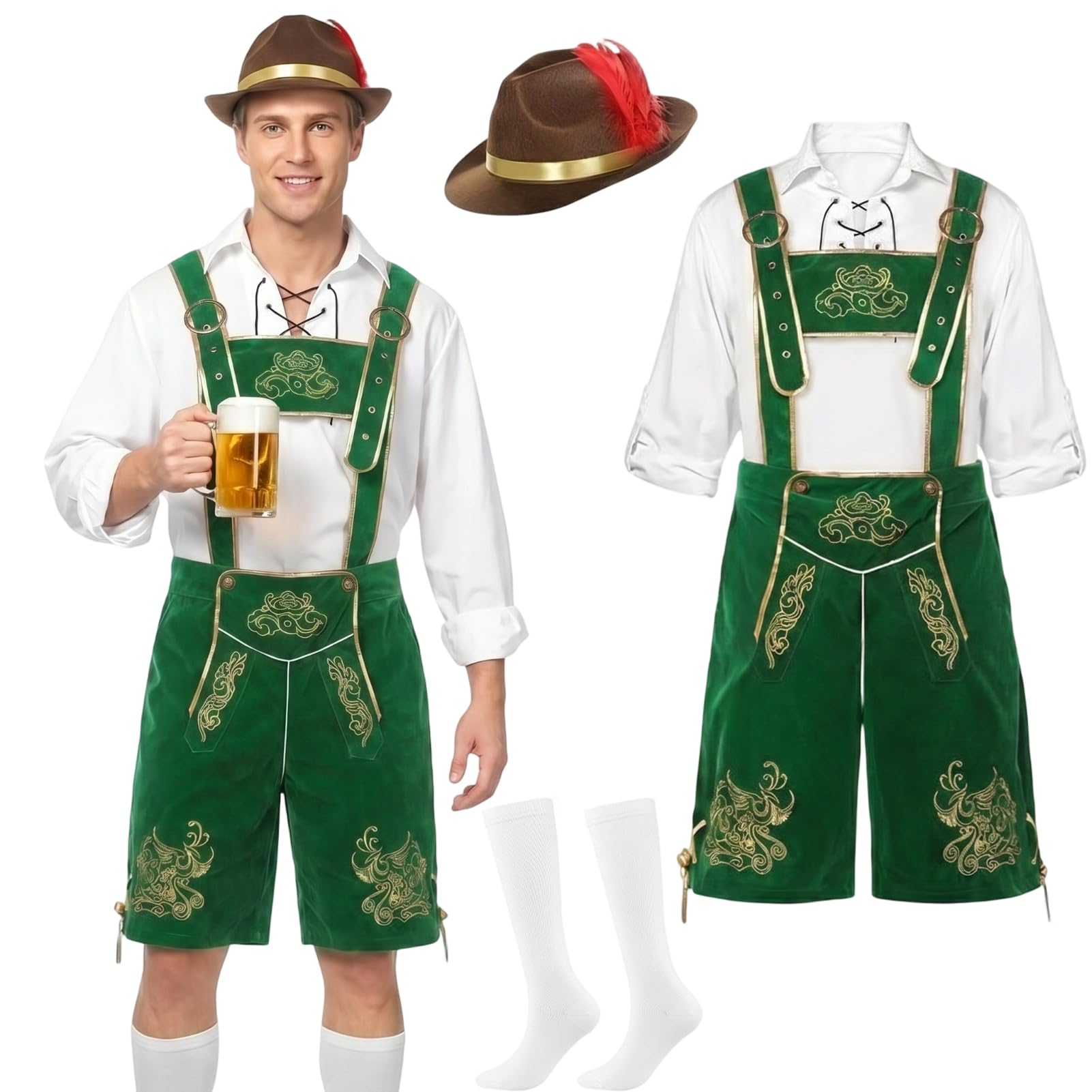 SERTAS Oktoberfest Outfit Mens,Mens Bavarian Costume Oktoberfest Fancy Dress,Adult Deluxe Authentic Lederhosen,White Shirt and Suspenders Suit with Stockings Hat 4Pcs Set (Green, S)