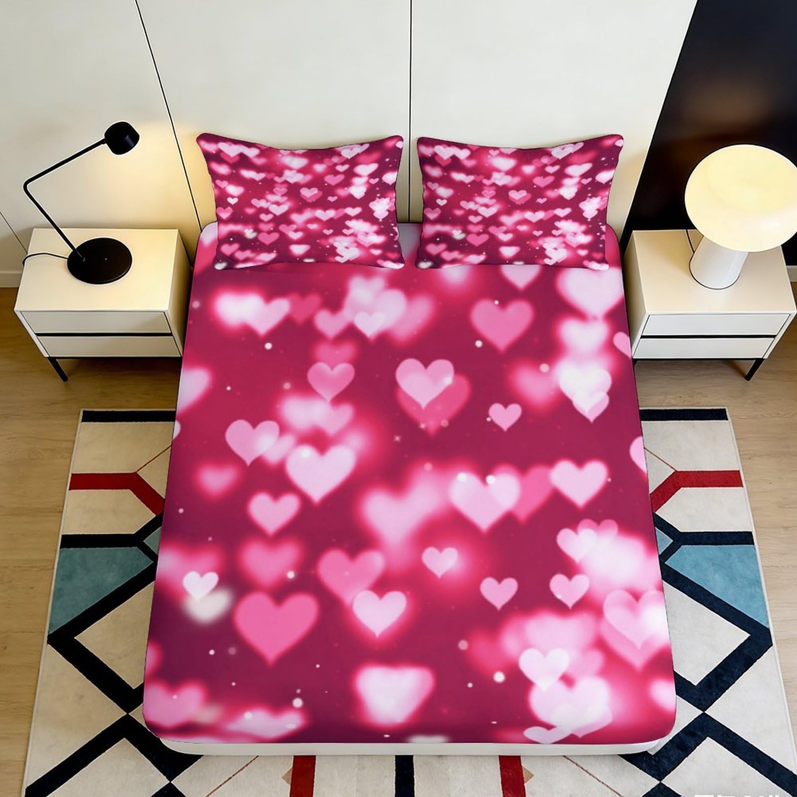 3D Printed Pink Hearts Fitted Sheet Microfiber Soft Anti-Slip Mattress Cover Bedroom Decor Machine Washable 120x200x25cm