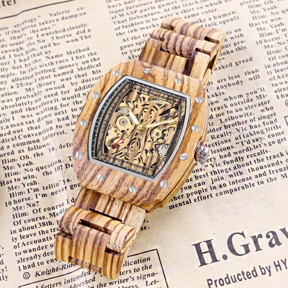 Tiong Reloj de madera para hombre Esqueleto mecánico Movimiento automático Relojes de madera, Mwd-01fang, Retro | Reloj retro ligero para hombre con caja de regalo de madera, reloj clásico de madera como regalo para hombres