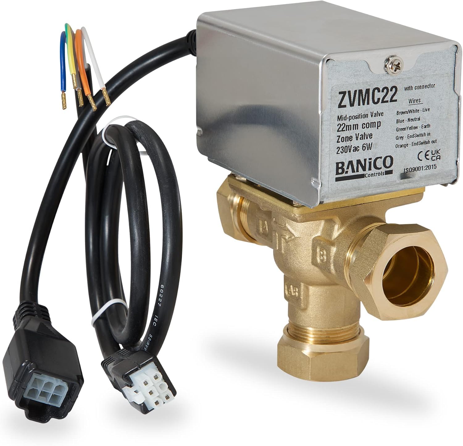 22.5 Team Controls Chrome / Brass Banico Zvmc22 22Mm 3 Port Motorised Zone Valve Replacement For Honeywell 3 Port Valve 22Mm Honeywell V4073a1039 Or Danfoss For Central Heating Ufh, Built-In Service Plug