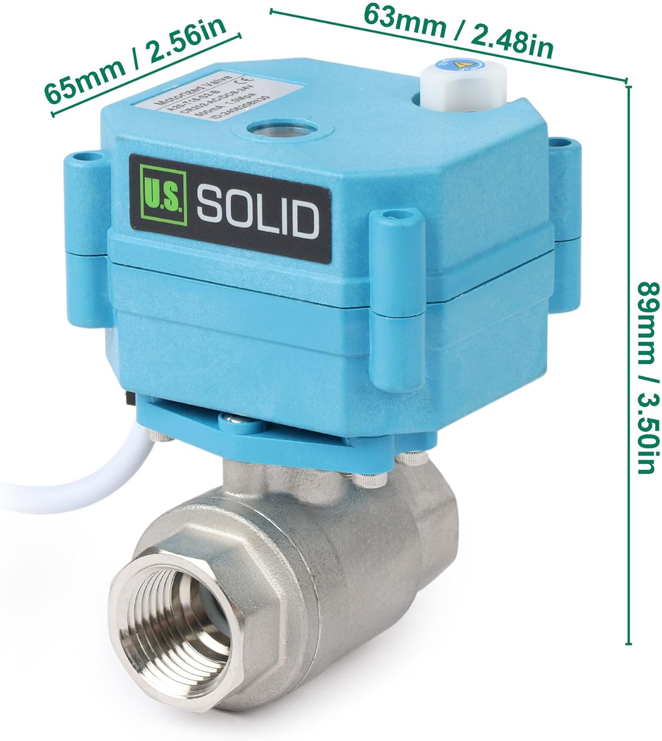 U.S. Solid Motorized Ball Valve - IP67 1/2inch Stainless Steel Ball Valve 9-24V with Waterproof Cover, Full Port, 2 Wire Auto Return, Normally Closed