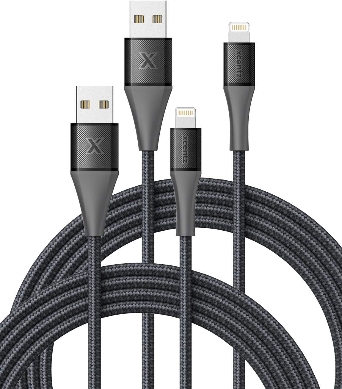 XCENTZ iPhone Charger 6ft 2 Pack, MFi Certified Lightning Cable Nylon Braided High-Speed Data Sync Cord with Metal Connector for iPhone 11/11 Pro/Pro max/X/XS/XR/XS Max, iPad Mini/Air, Black