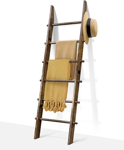TEAKMAMA 6-Tier 5.4ft Blanket Ladder with Hanging Knobs Rustic Brown | Farmhouse Wall Leaning Solid Wood Scratch & Slip Proof Quilt Rack, Living Room Bedroom Bathroom, Xmas Deco, Easy Setup