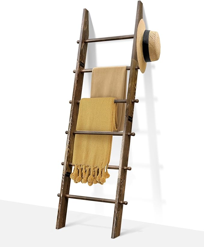 TEAKMAMA 6-Tier Blanket Ladder with Hanging Knobs,5.5 Ft Wall Leaning Blanket Ladders for Living Room Bedroom,Rustic Decorative Storage for Quilts,Throws,Easy to Assemble,Rustic Brown