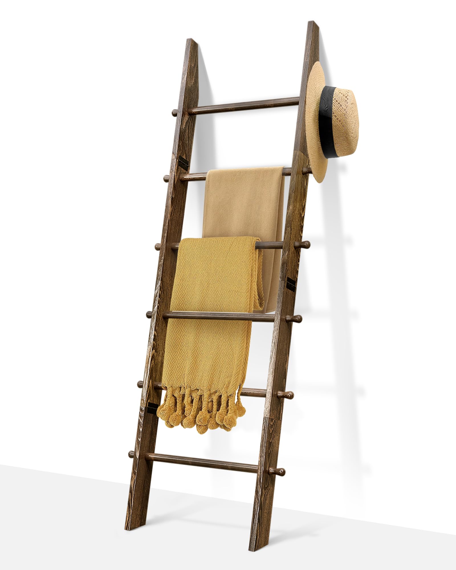 TEAKMAMA 6-Tier Blanket Ladder with Hanging Knobs,5.5 Ft Wall Leaning Blanket Ladders for Living Room Bedroom,Rustic Decorative Storage for Quilts,Throws,Easy to Assemble,Rustic Brown