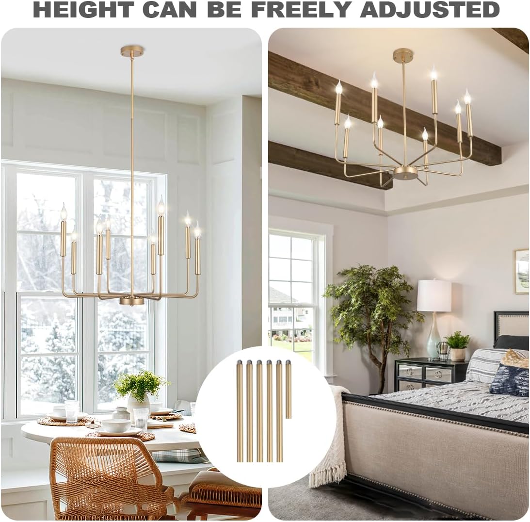 Modern Farmhouse Gold Chandelier, 8-Light Rustic Candle Chandelier, Industrial Hanging Chandeliers for Dining Room, Kitchen, Foyer, Entryway, Living Room