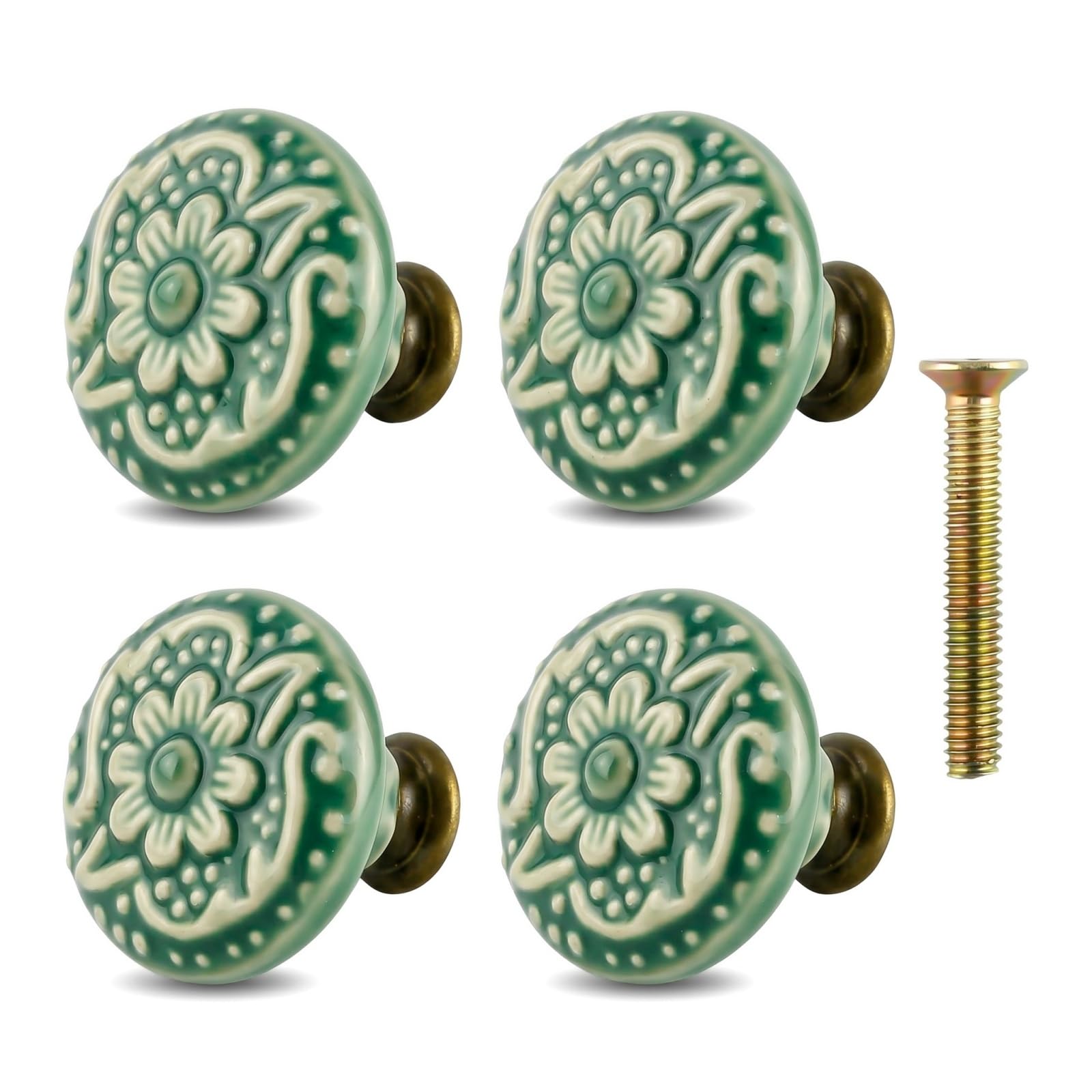 LQMK Vintage Cabinet Knobs 4 PCS – Green Flower Embossed Ceramic Drawer Handles – Furniture Door Knobs with Mounting Screws for Cupboards Drawers and Closets