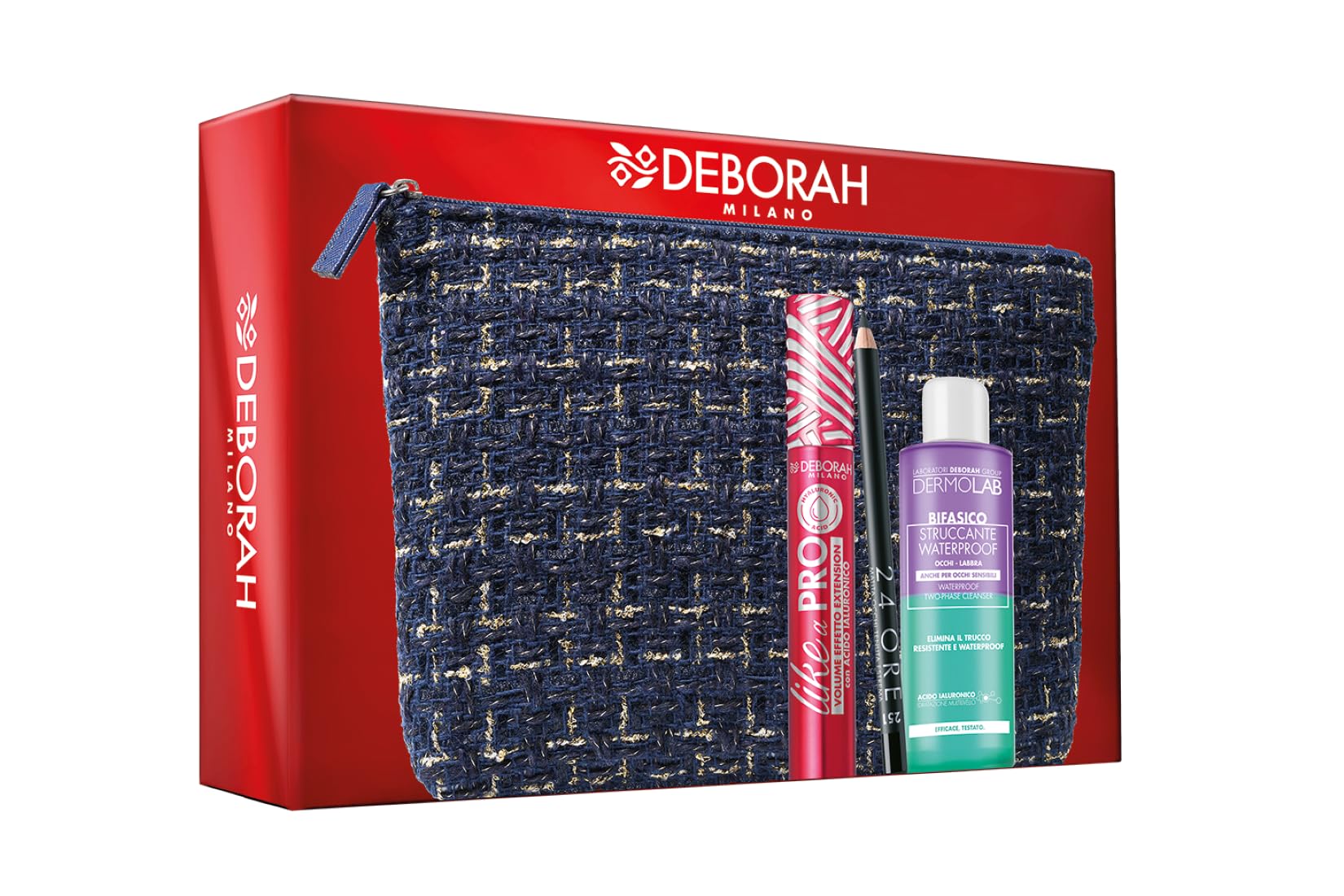 Deborah Milano - Set Make Up Occhi con Pochette N. 05, Idea Regalo Donna con Mascara Like a PRO, Matita Nera 24 Ore e Struccante Bifasico Dermolab 50ml, Pochette in Tessuto Tweed Blue Navy
