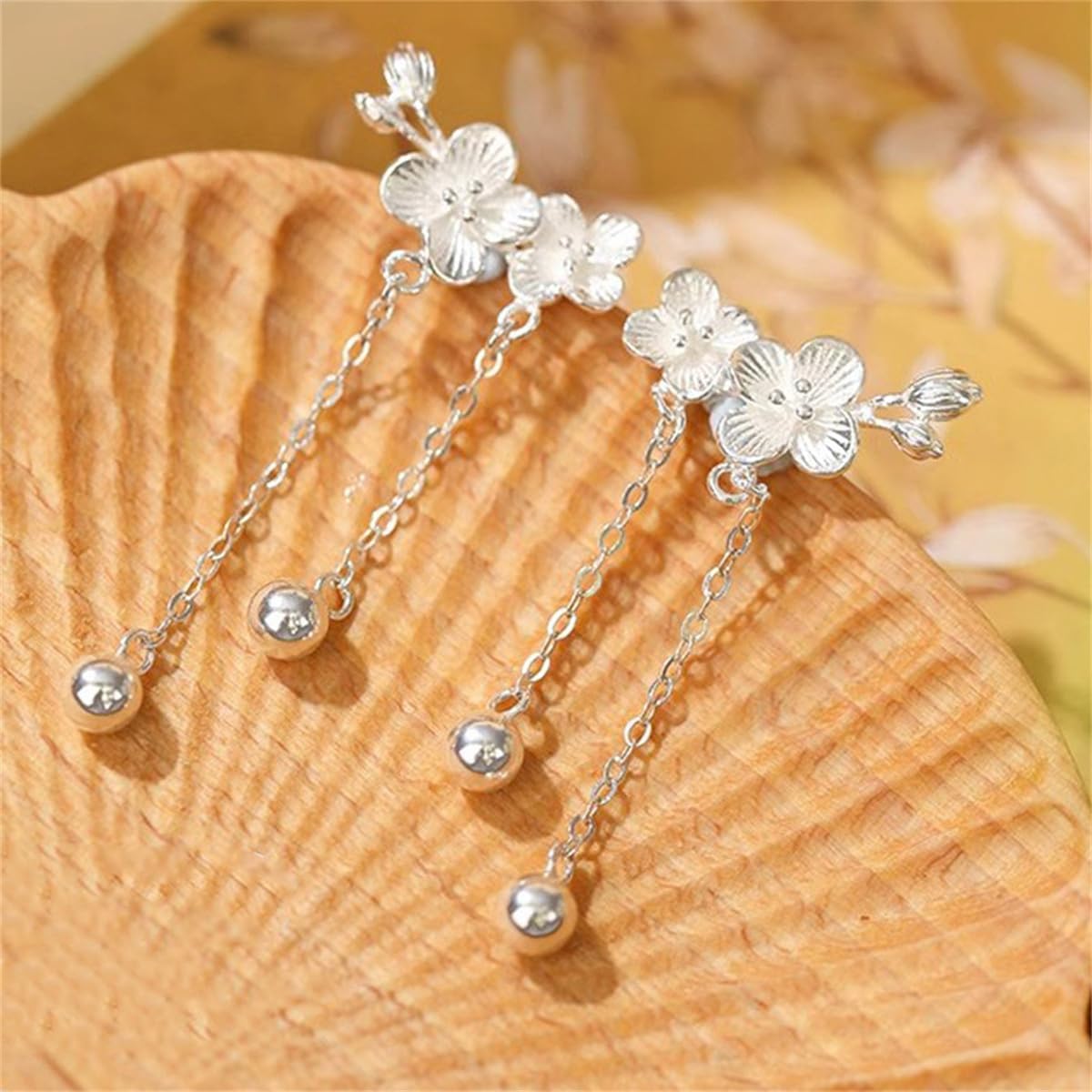 Flower Pearl Dangle Drop Earrings for Women 925 Sterling Silver 14K Gold-Toned Cubic Zirconia Threader Chain Tassel Ball Charms Drop Dangling Stud Earring Dainty Blossoms Wedding Jewelry - Image 4