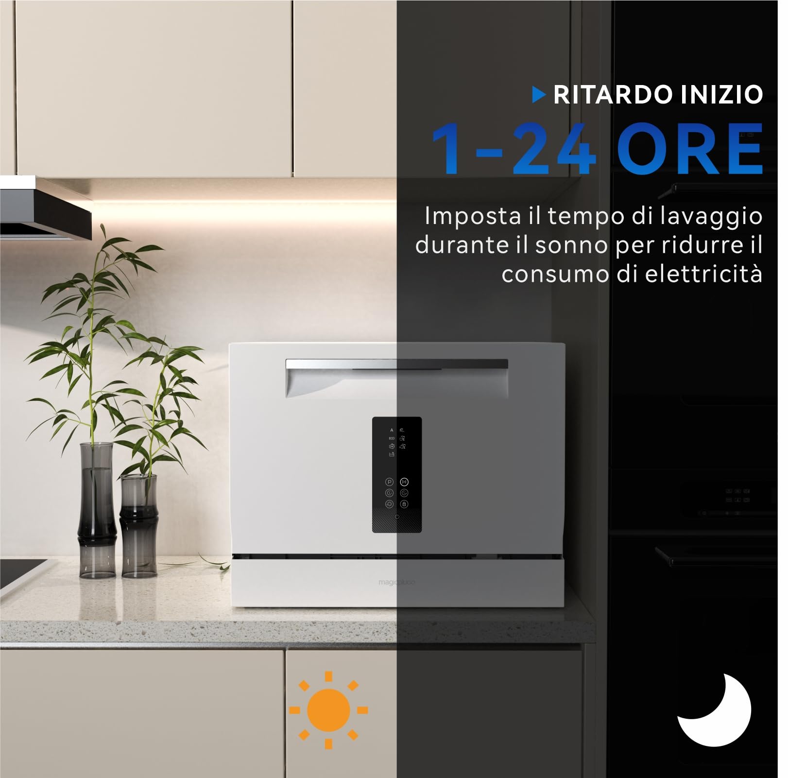 magicplux Mini lavastoviglie 55 cm per 6 coperti, 7+1 programmi, selezione tempo, funzione autopulizia, per piccoli appartamenti, mini lavastoviglie portatile con attacco idrico, bianco