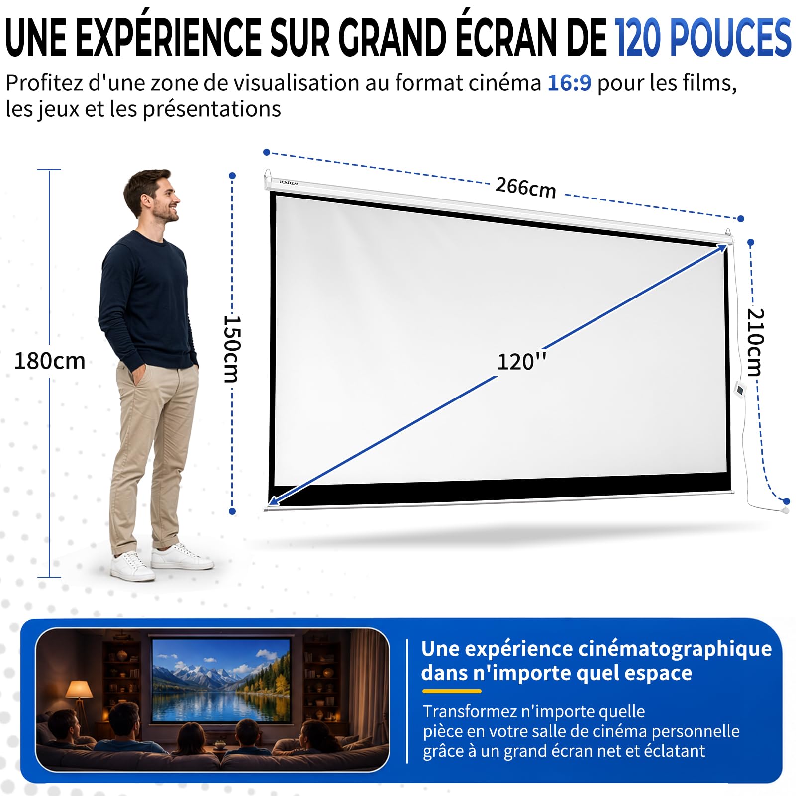 LEADZM Ecran Videoprojecteur Motorisé de Projection 84 Pouces 4:3 4K