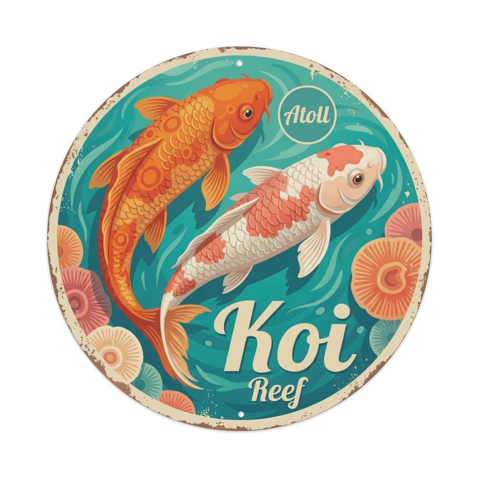 Koi Fish Atoll Reef Waters Circular Coral Tropical Lagoon Metal Tin Sign