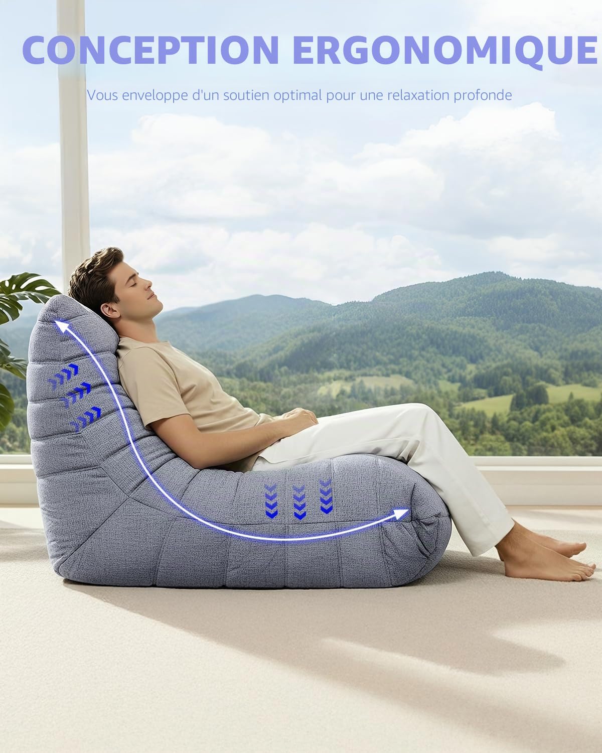Pouf en Mousse Haute densité - Canapé de Sol en Tissu Chenille avec Dossier - Fauteuil de Lecture pour l'intérieur - pour Salon et Chambre à Coucher - Gris