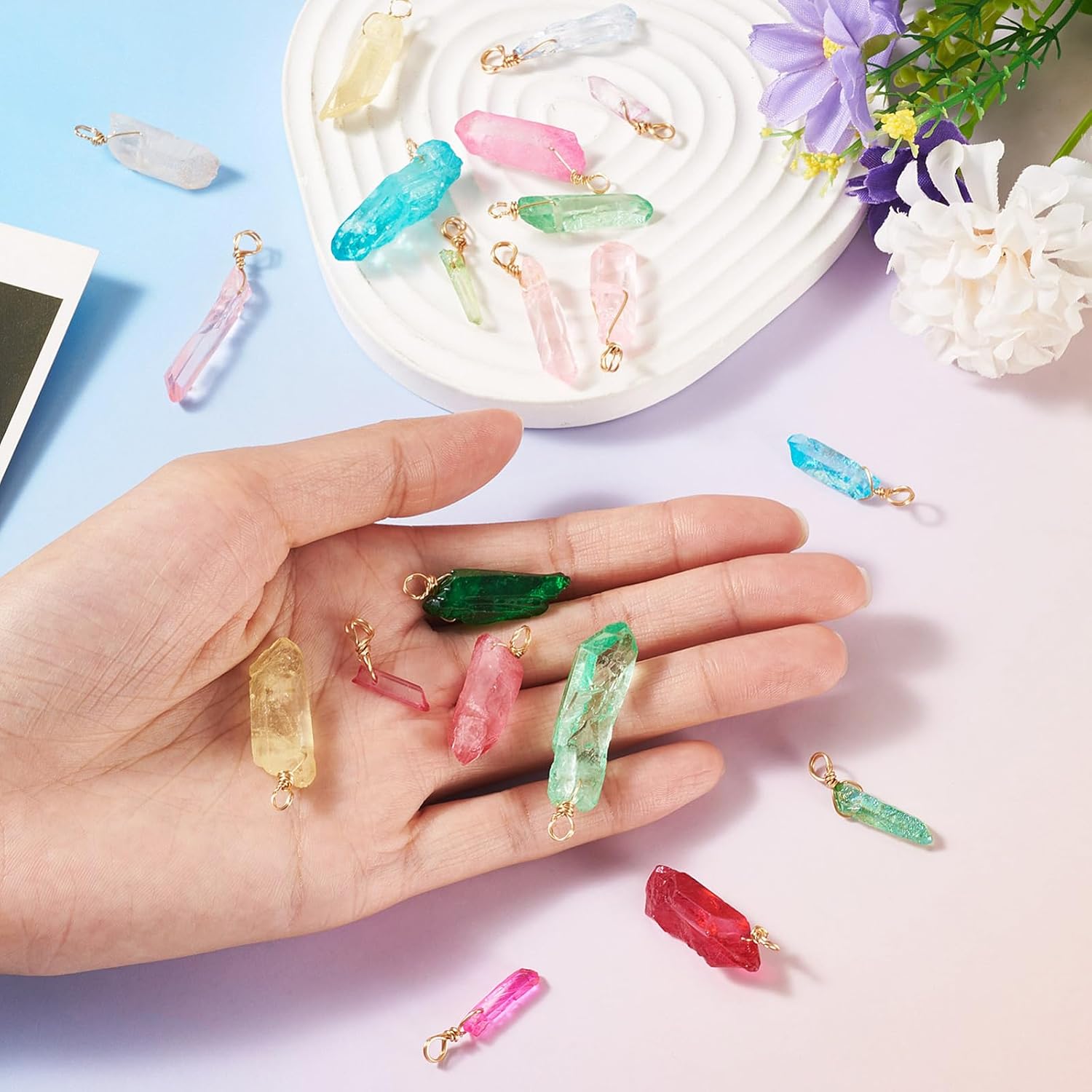 FASHEWELRY 20Pcs Natural Dyed Quartz Pendants Assorted Stone Charms with Copper Wire Crystal Healing Gemstone Charms for Jewelry Making Necklace Earring DIY Craft - Image 6