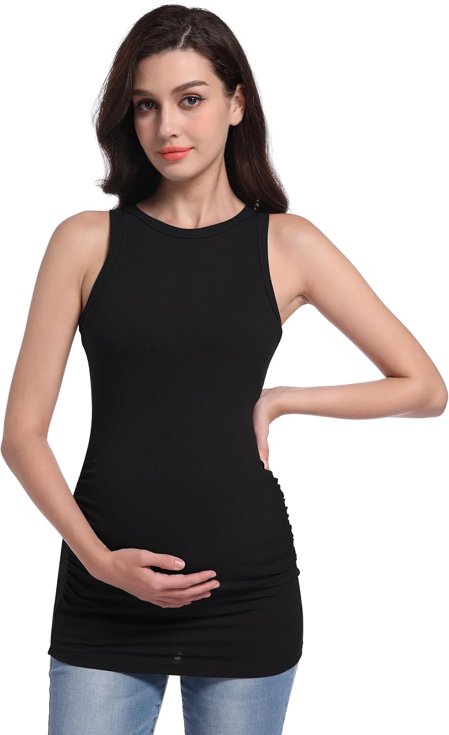 V VOCNI Maternity Tank Tops Women's Sleeveless Racerback High Neck Casual Ribbed Fitted Tops Cami Top Shirt Pregnancy Tee - Image 2