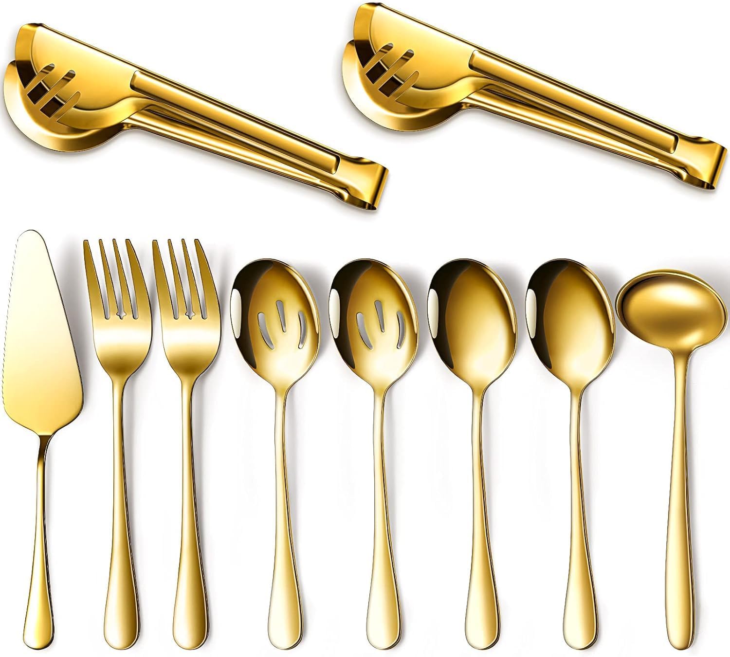 LATERN 10-Piece Serving Utensils Set, Stainless Steel Cutlery Set Including Large Spoon, Slotted Spoon, Fork, Tongs, Soups, Ladle, Cake Server, Catering – Gift for Wife Mother Christmas (Gold)