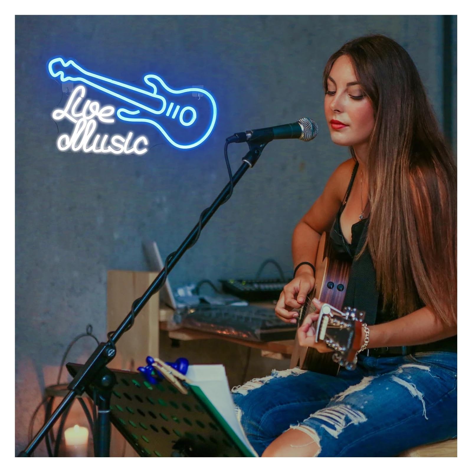Wiszące neony artystyczne Neon "Muzyka Na Żywo" Z Zasilaniem USB, Gitara, Dekoracja Ścienna Do Pokoju Muzycznego, Lampy Do Baru, Studia, Klubu, Imprezy, Dekoracyjne, 24x42cm