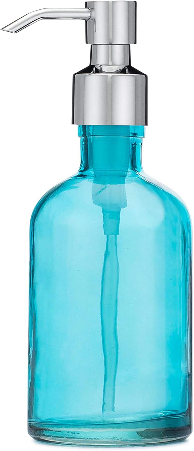 Rail19 Beach Blue Glass Lotion & Soap Dispenser with Metal Pump, 8oz (Antique Brass)