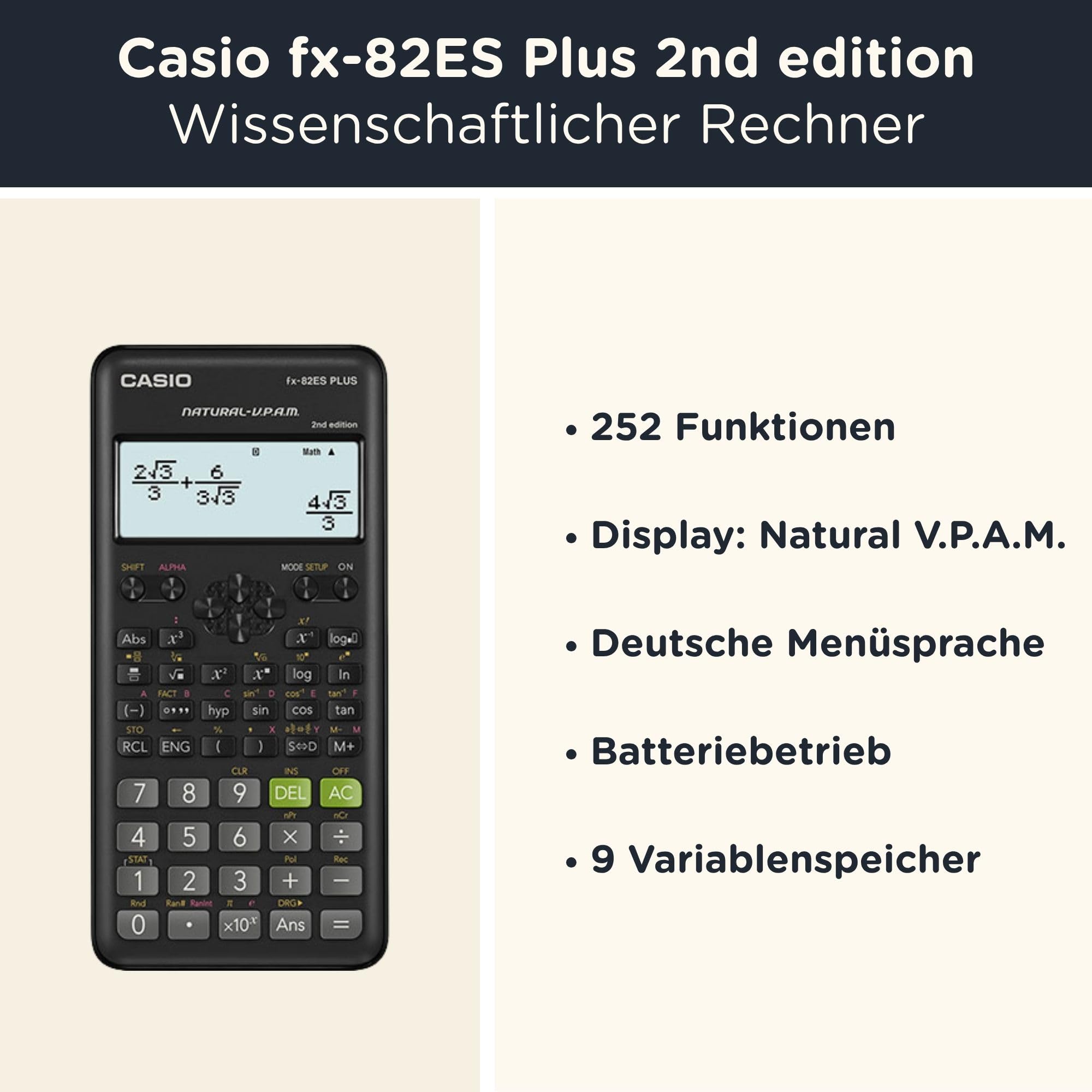 Casio fx-82ES Plus 2nd Edition inkl. WYNGS Schutztasche Schwarz - Wissenschaftlicher Taschenrechner - Basic Set
