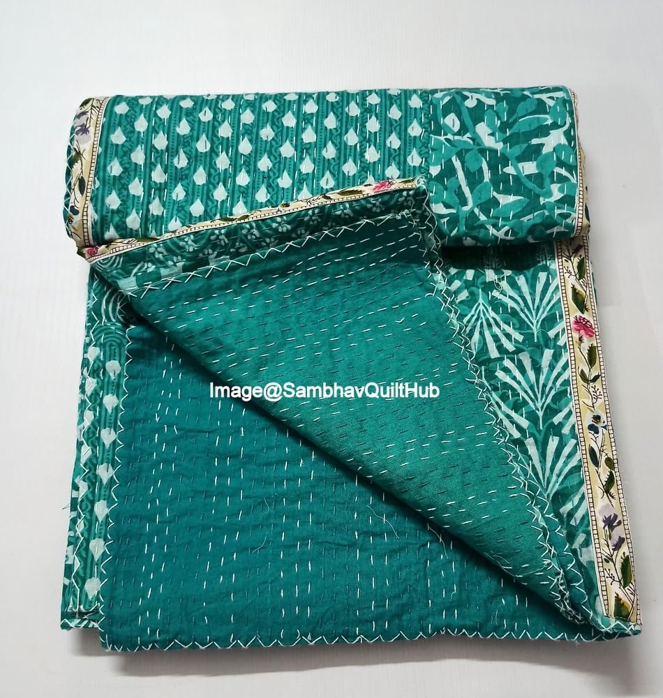 Green Indigo Print Less Cotton Handmade Handblock Quilted Blanket Indian Cottodspread Kantha Indigo Print Beork Bohemian Bed Decor Block Throw Blanket Twin/King/Queen (90X108 inch)