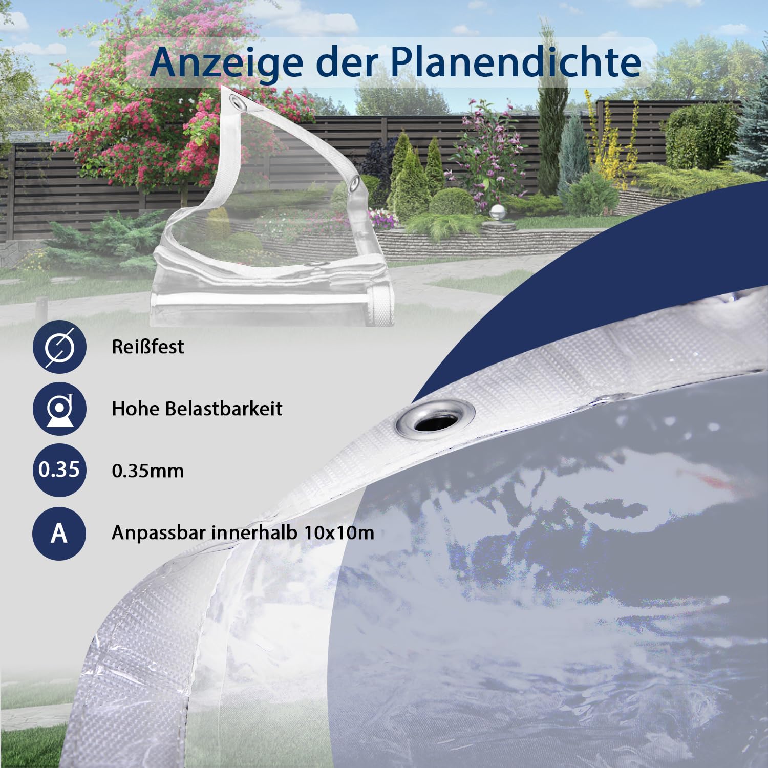 Plane mit Ösen Transparent Nach Maß, 2.1x2.5m Durchsichtig 420g/m² Abdeckplane Wasserdicht, Anpassbar Innerhalb von 8x8m, 0.35mm Dick Plane für Außenbereich mit Schnüre und Bänder