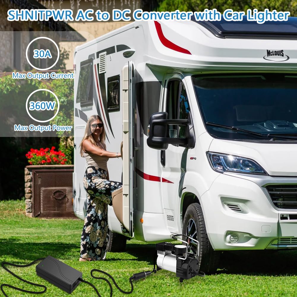 SHNITPWR Spannungswandler 230V auf 12V 30A KFZ Netzadapter 360W Adapter Zigarettenanzünder Steckdose 3M Netzkabel für Kühlbox Kompressor Reifenfüller Wohnmobilausstattung