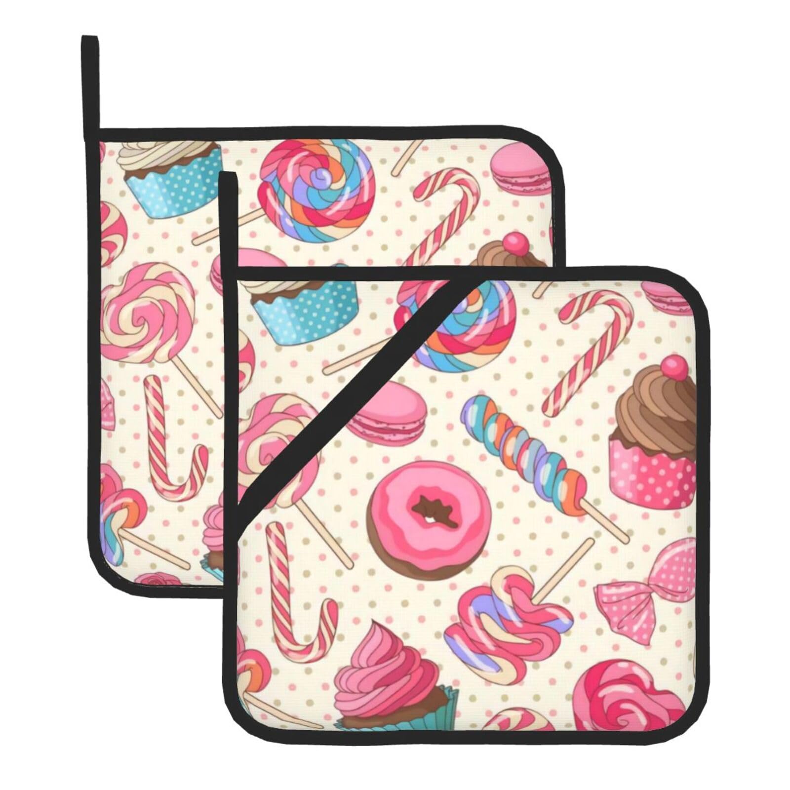 YYHWHJDE Colorful Sweet Lollipop Cupcake Donut Prints Square Hot Pads for Kitchen Counter - Waterproof Pot Holders with Hanging Loop, Durable Trivets for Microwave Oven - 2 Pack