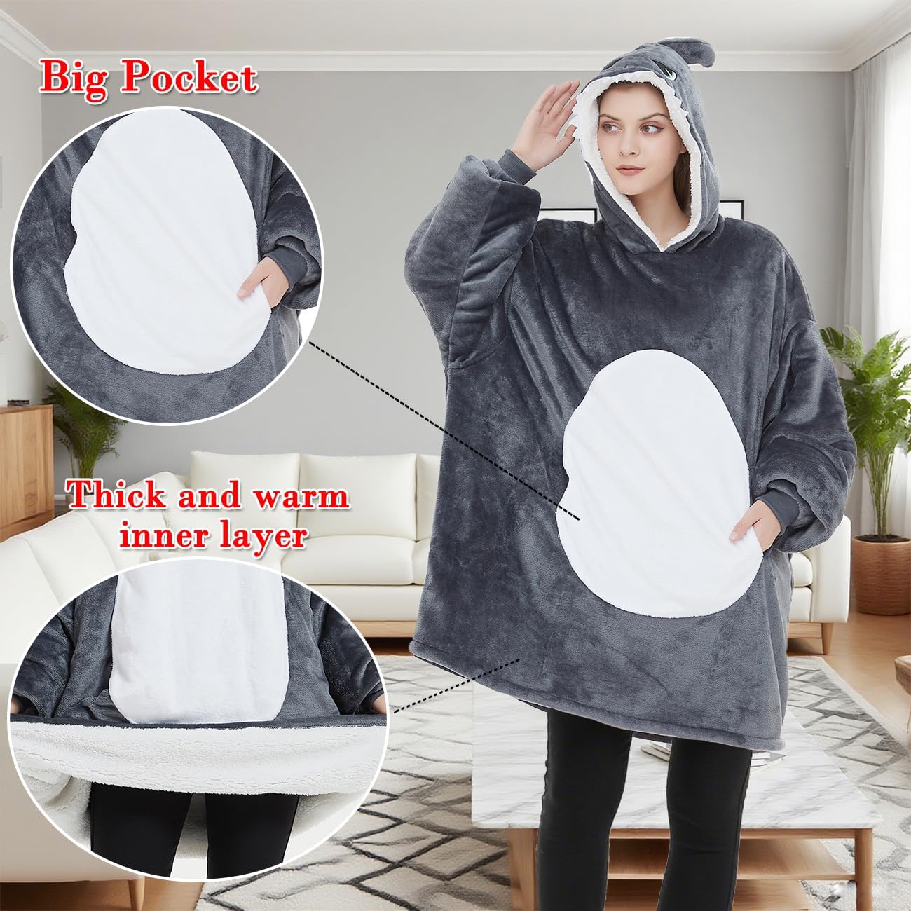 Lifeye Unisex Shark Pullover Hoodie Animal Home Wear Adult Cosplay Costume Pajamas Thick Cozy Wearable Blanket - Image 5