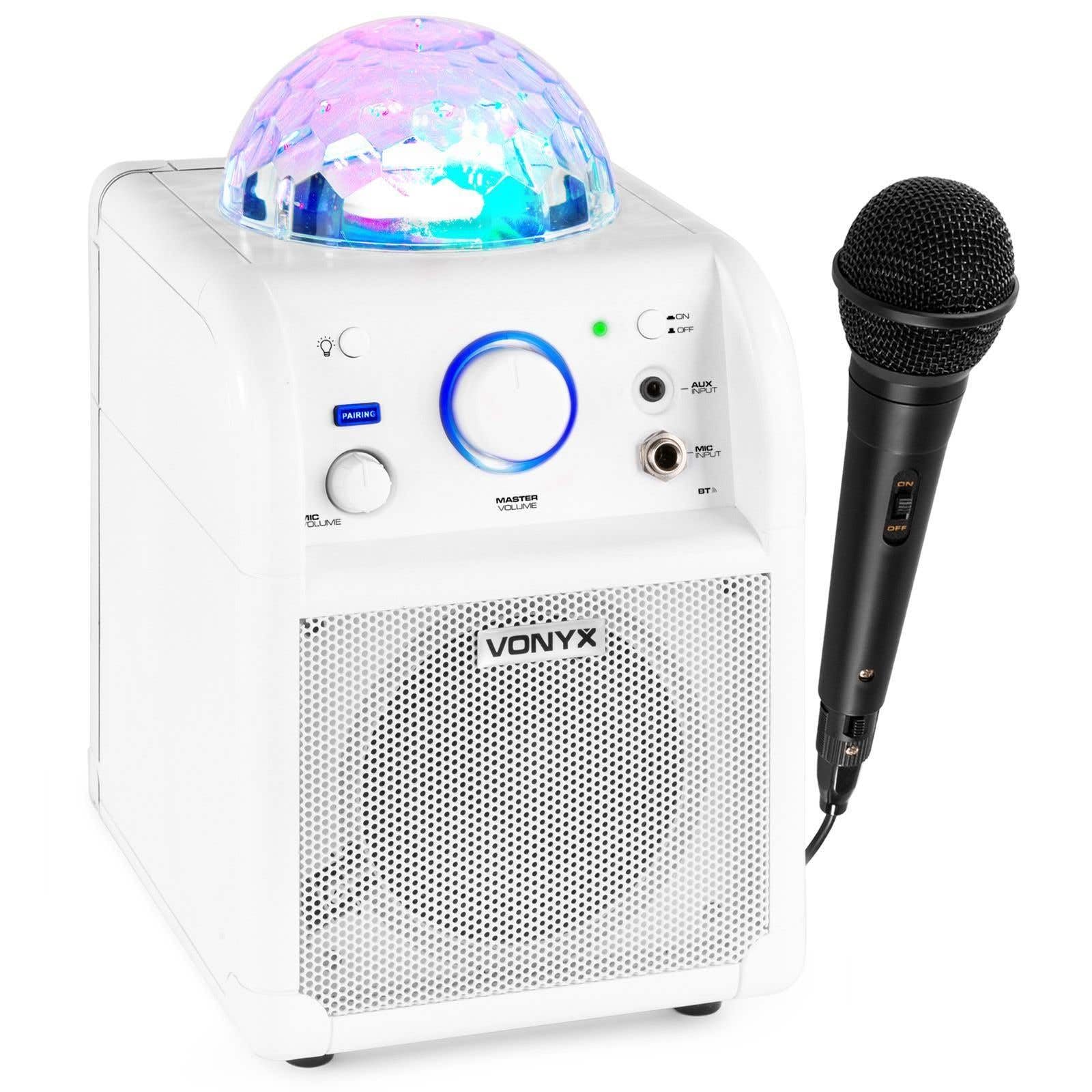 Vonyx SBS50W Enceinte Karaoké avec Microphone - Blanche, Fonction Bluetooth et Effet Lumineux LED, Autonomie 3-4h Max, Jelly Ball, Boule Disco, Parfait pour Une Soirée Entre Amis/Famille