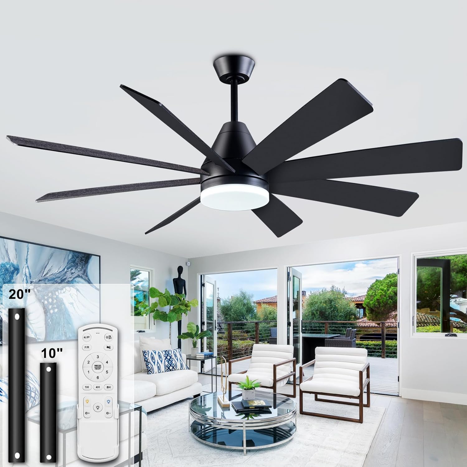 62-inch Lighted Ceiling Fan - Black, with Remote Control, Full Memory Function, Quiet Operation, Ideal for Garages or Living Rooms, 8 Double-Sided Wooden Blades, Easy Installation