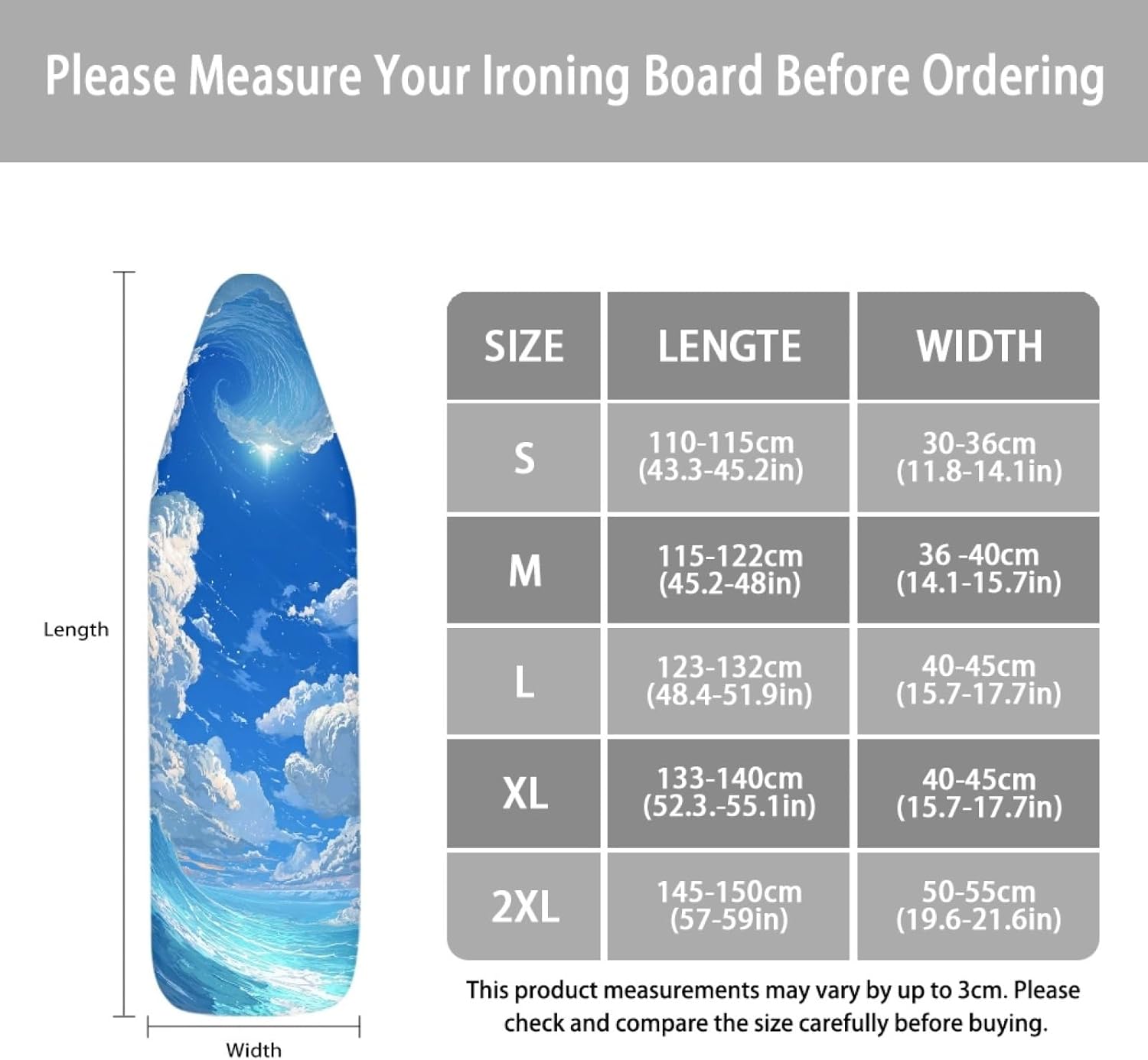 Iron Board Cover with Padding Standard Size Sky Blue Green Padded Ironing Board Covers 15x54 Heat Reflective Extra Thick Wide Non Stick Scorch and Stain Resistant Heatproof